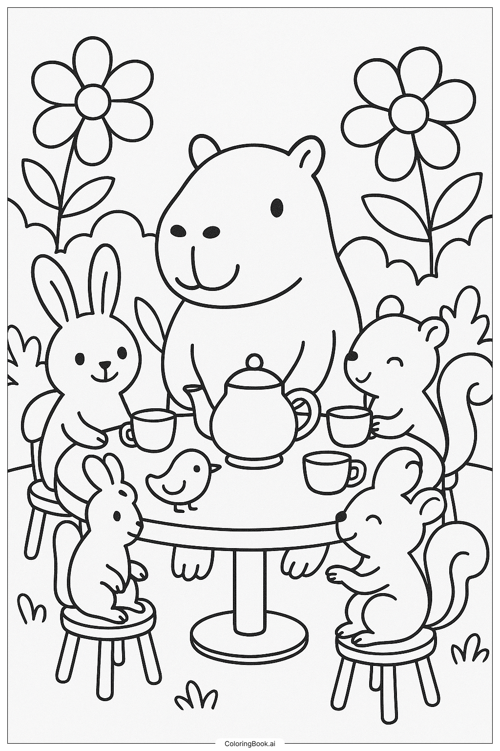 水豚舉辦動物下午茶派對著色頁