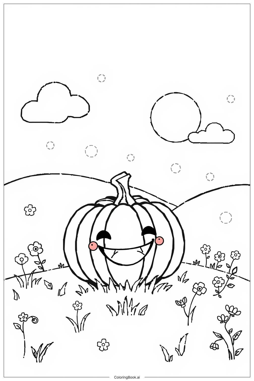  Página para colorear de Linda calabaza en un campo 