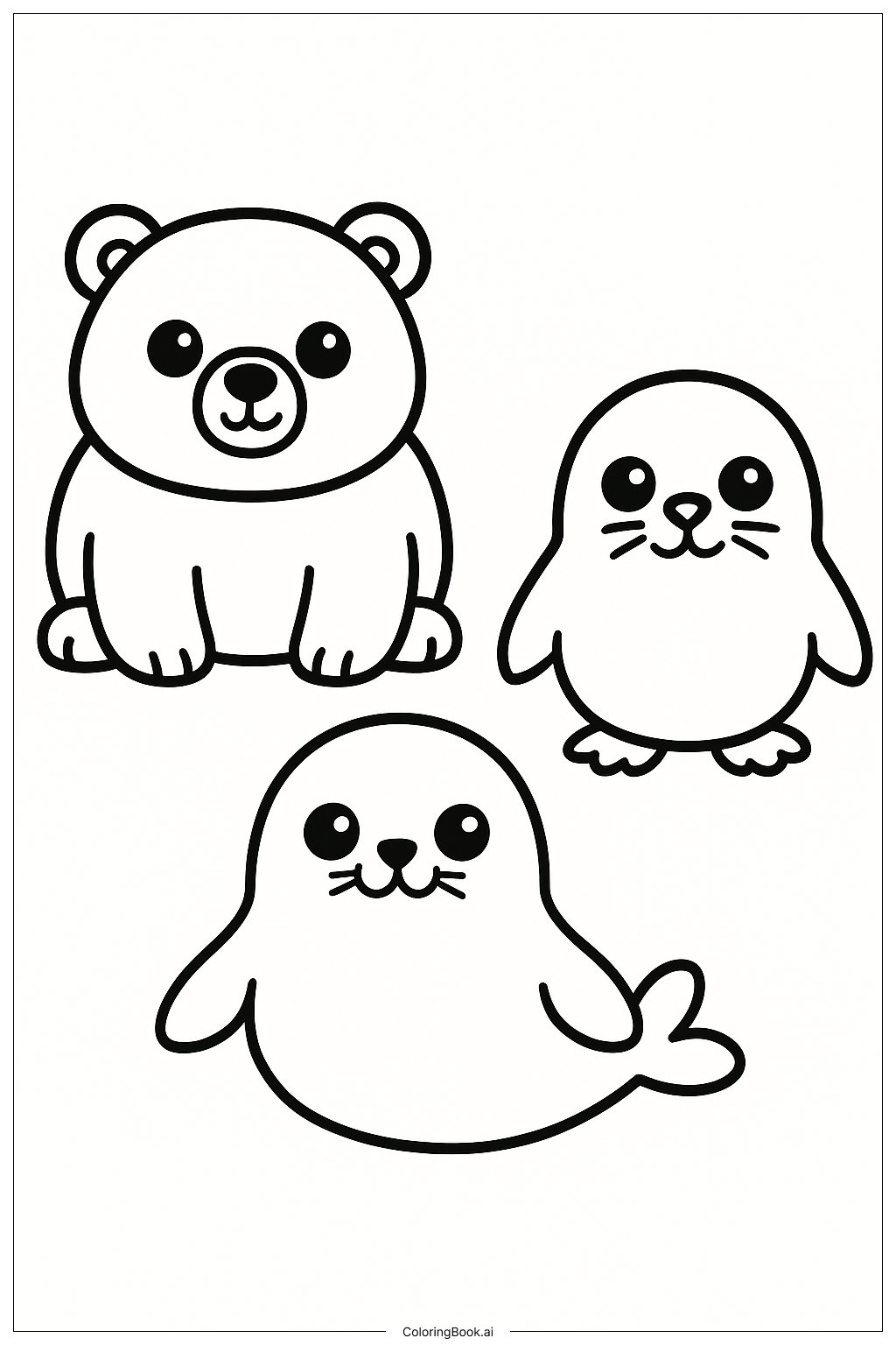  大きな目のふっくらとした北極の動物たちの塗り絵ページ 