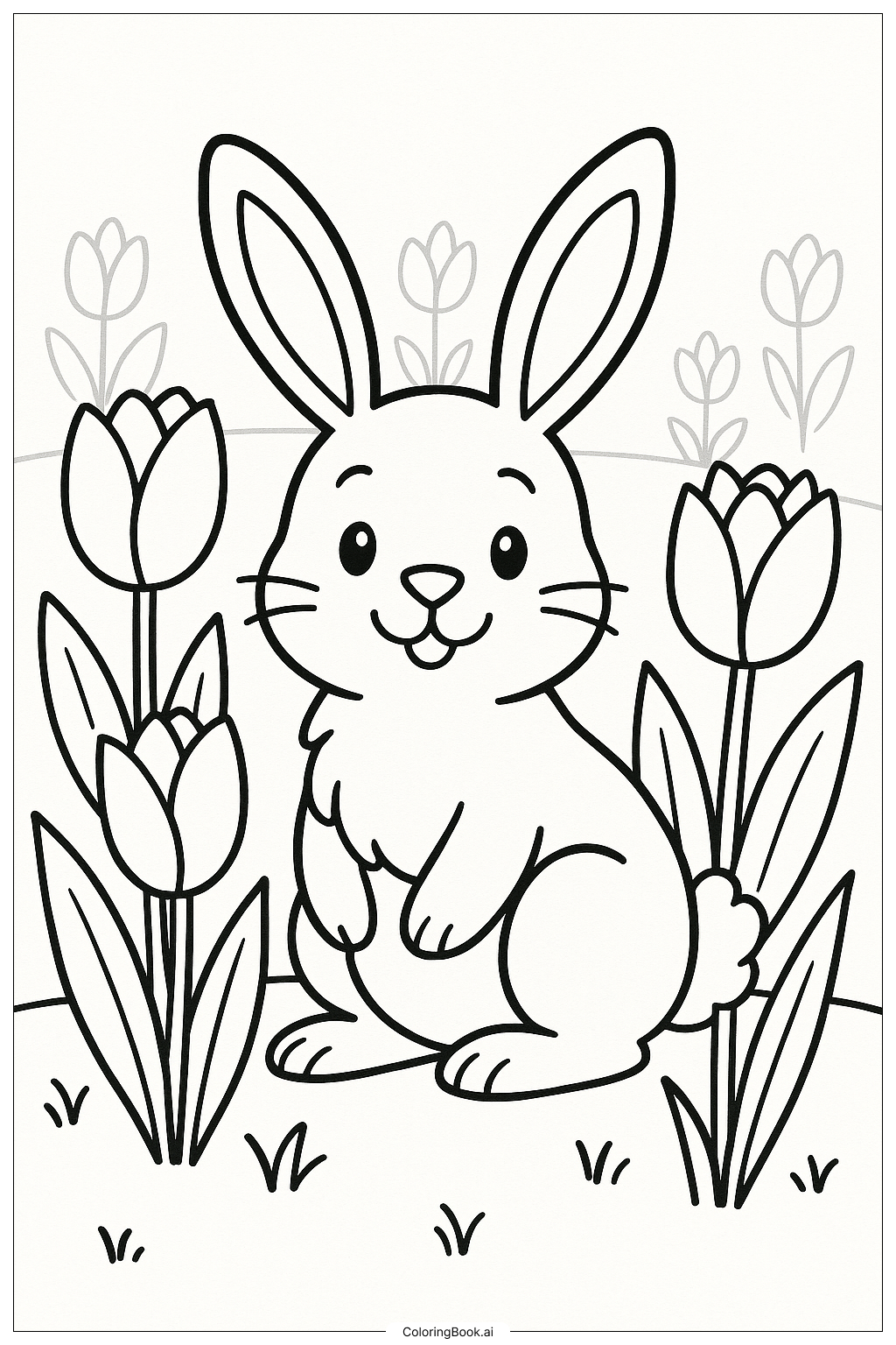 Easter Bunny In A Field Of Tulips Coloring Page