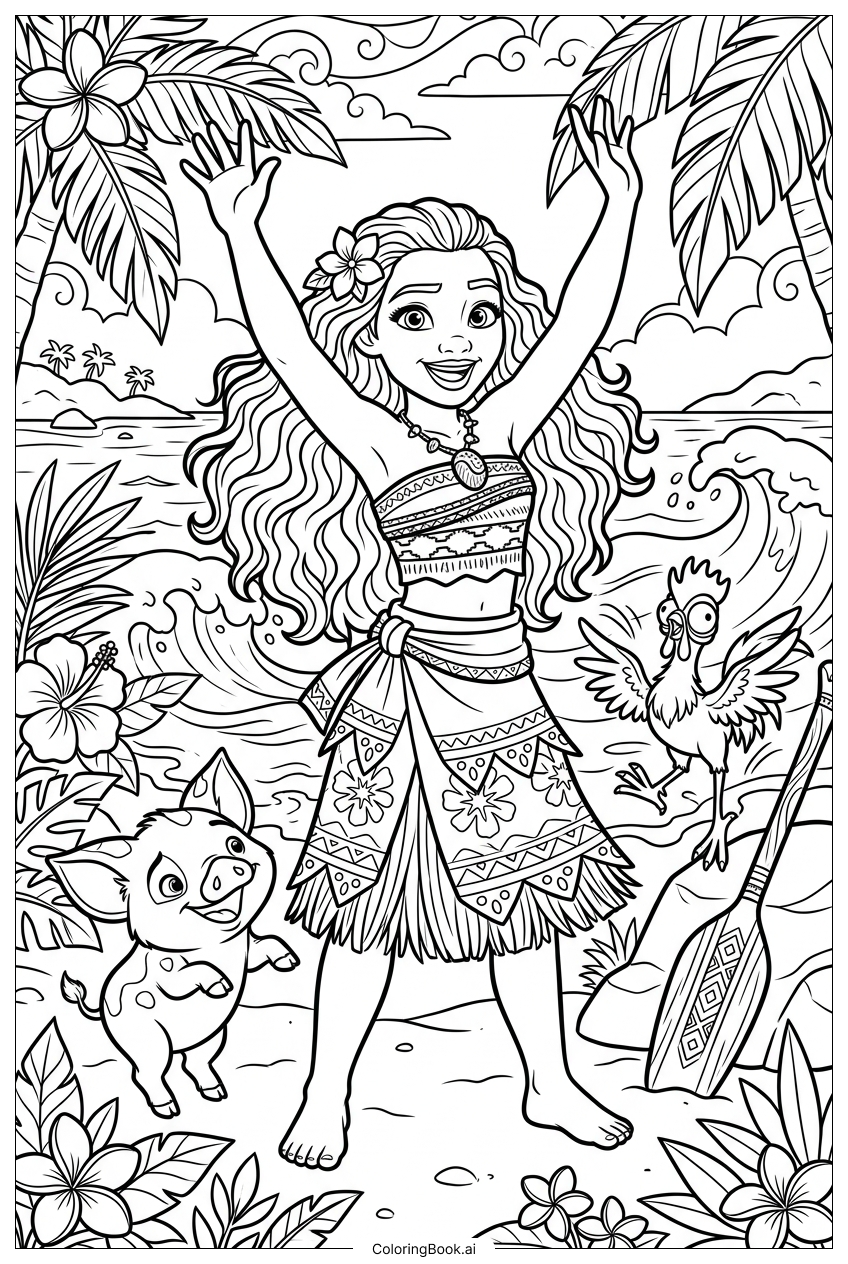  Moana Celebrates On Sunny Island Shore Coloring Page 