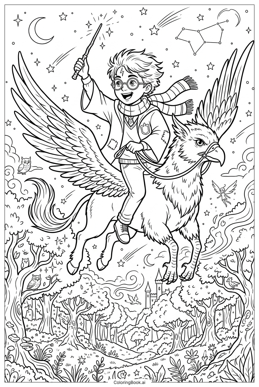 Harry Potter flying hippogriff under starry sky Coloring Page
