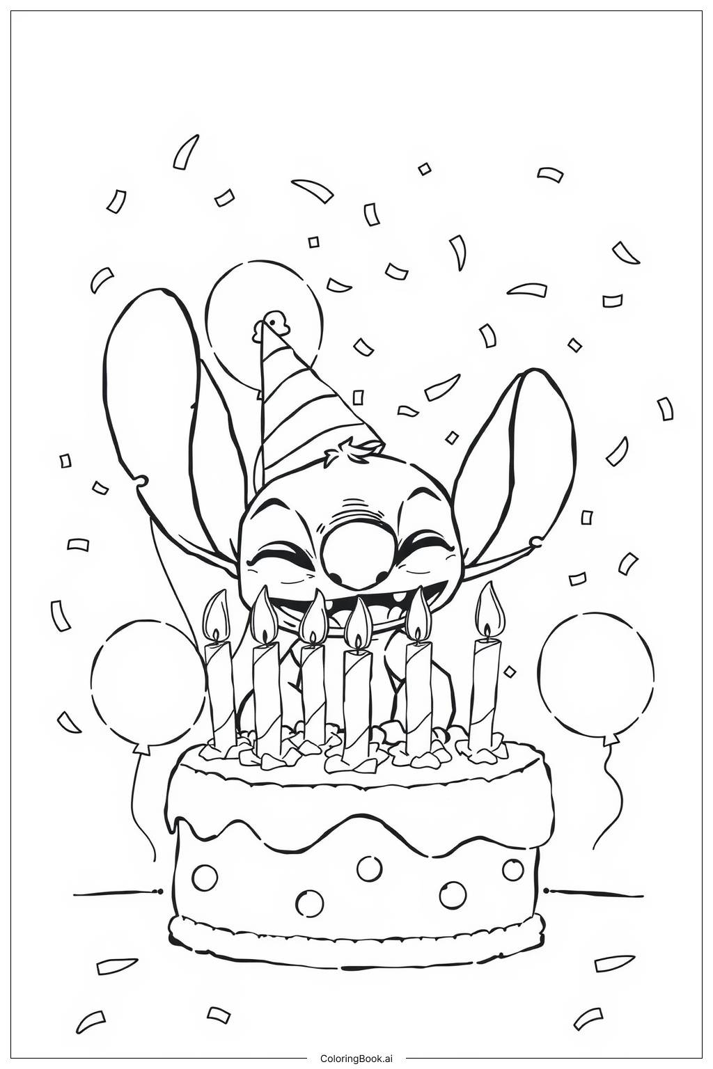  Page de coloriage Stitch faisant un vœu d'anniversaire 