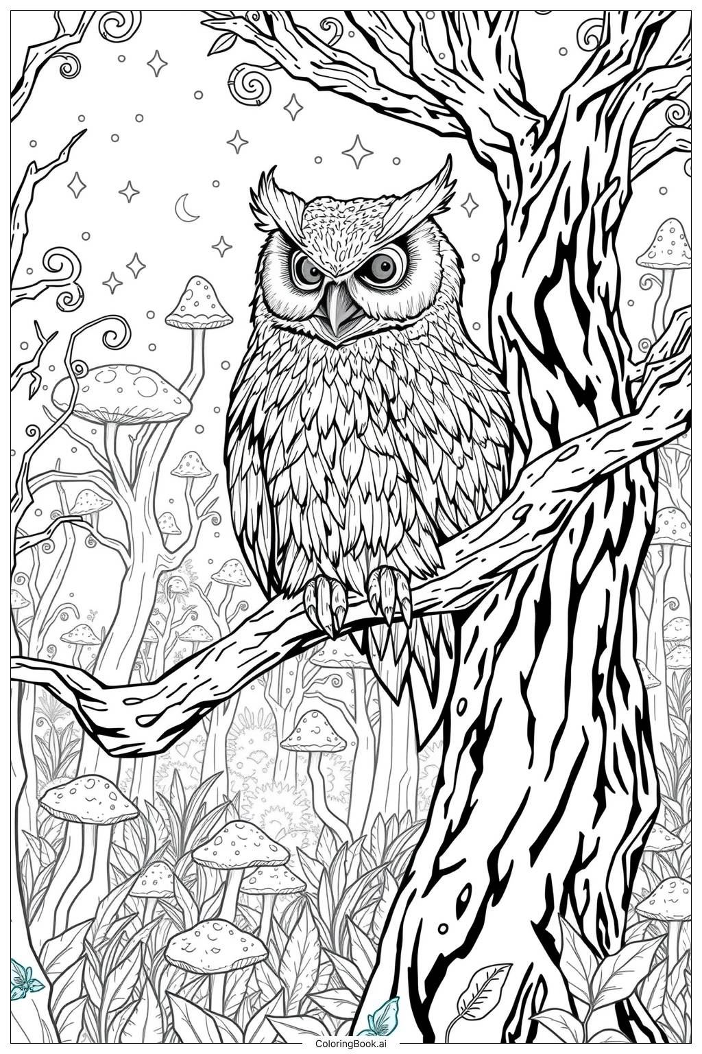  Owl in Enchanted Forest Coloring Page 