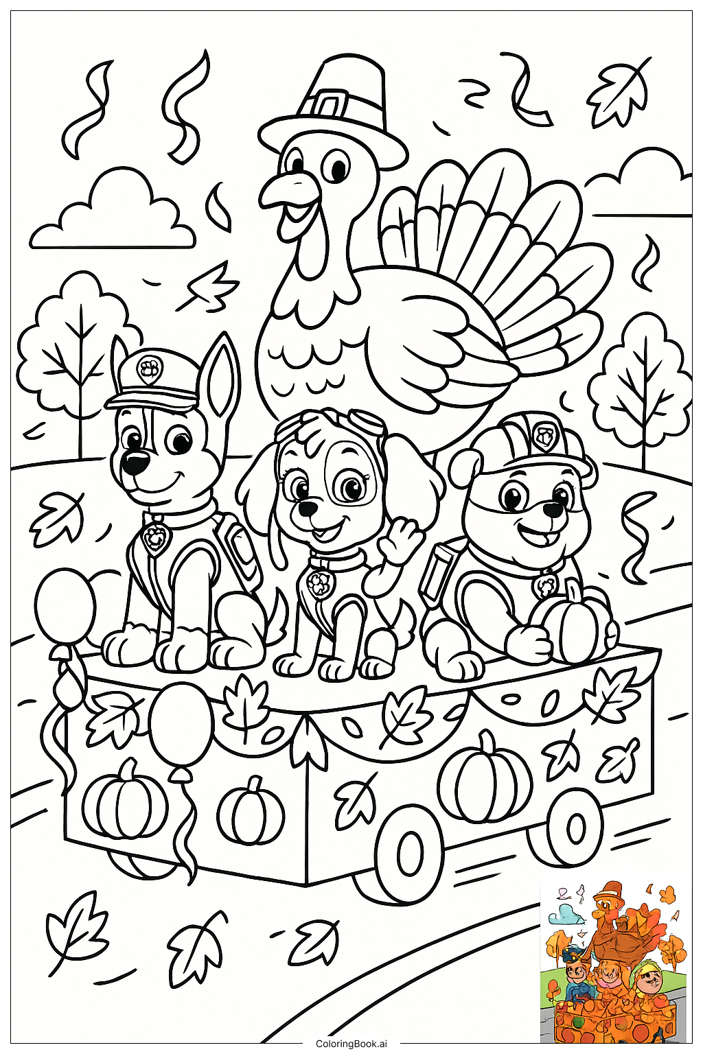  Página para colorir de Flutuante do Desfile de Ação de Graças do Paw Patrol 