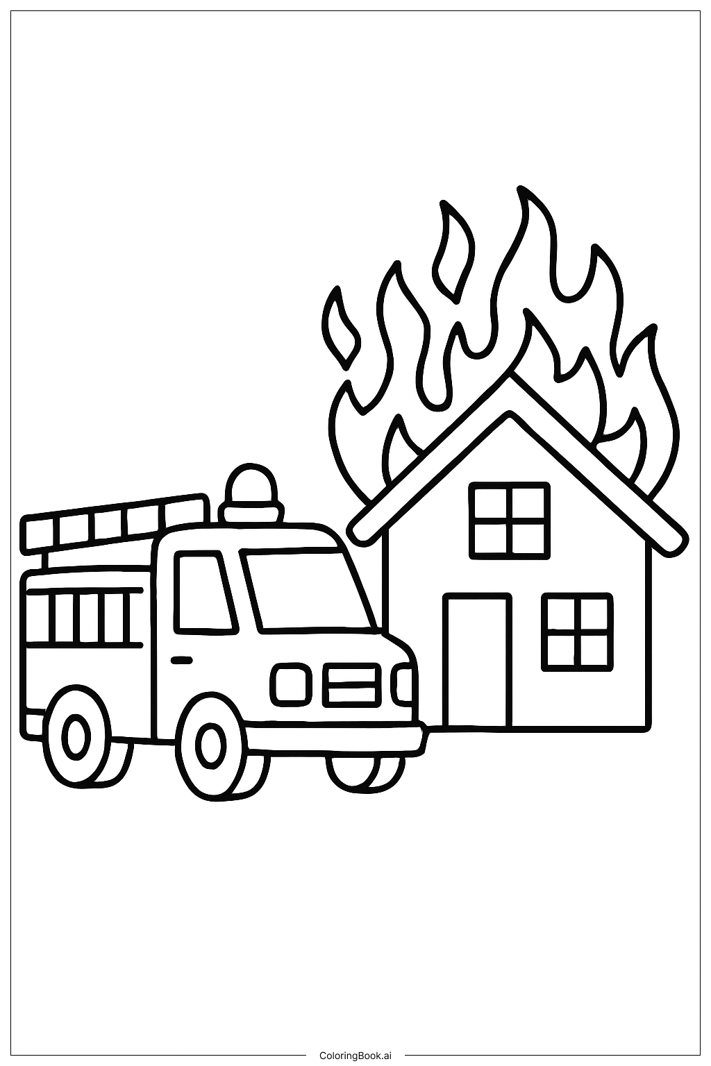  Page de coloriage Camion de pompiers près d'une maison en flammes 