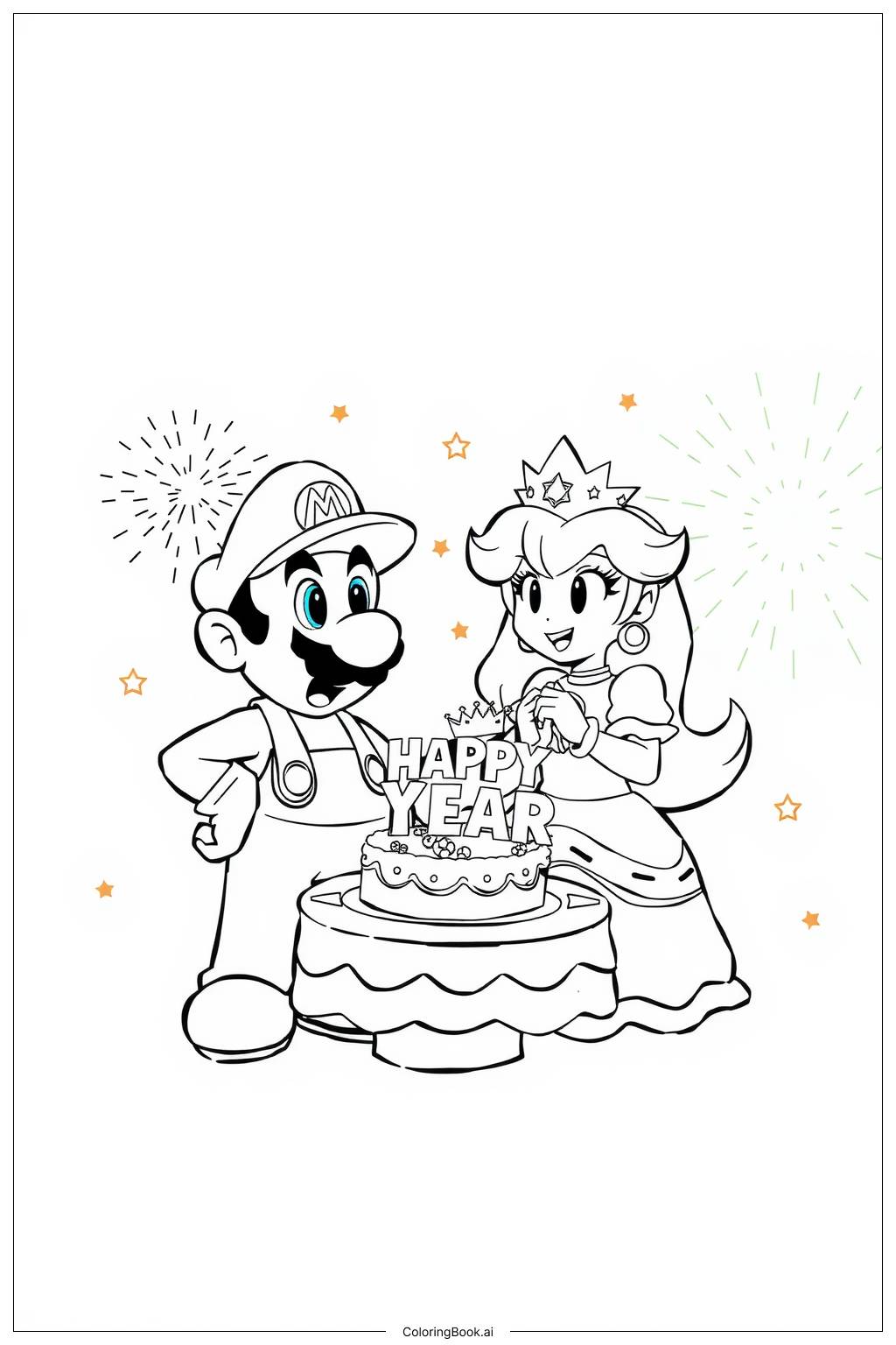 Mario And Princess Peach At New Year 2025 Coloring Page Free PDF PNG Printable