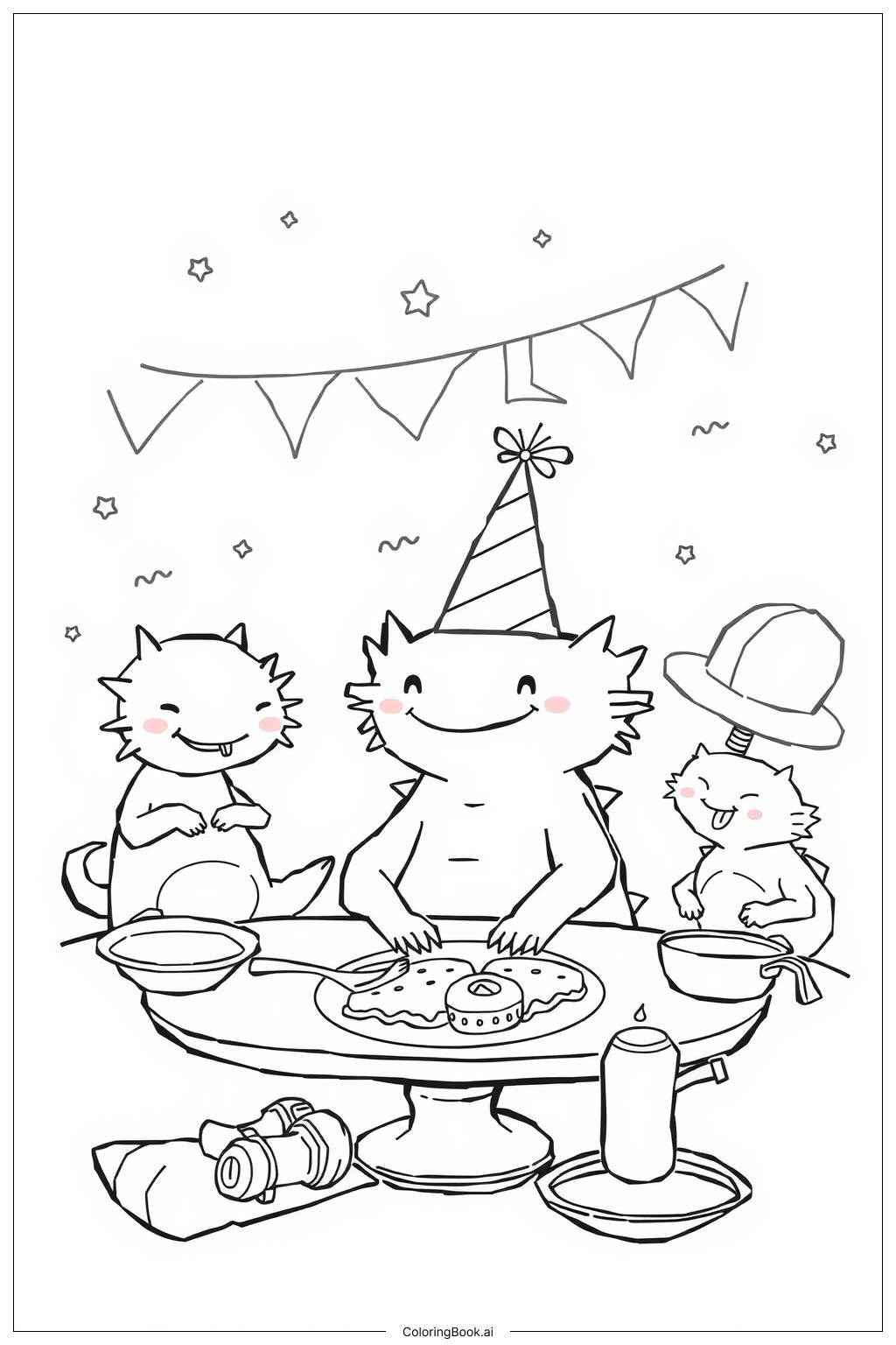  Page de coloriage Axolotl profitant d'un festin du Nouvel An heureux 