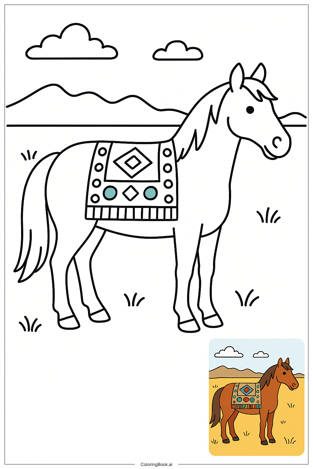  先住民のビーズサドルを背負った馬の塗り絵ページ 