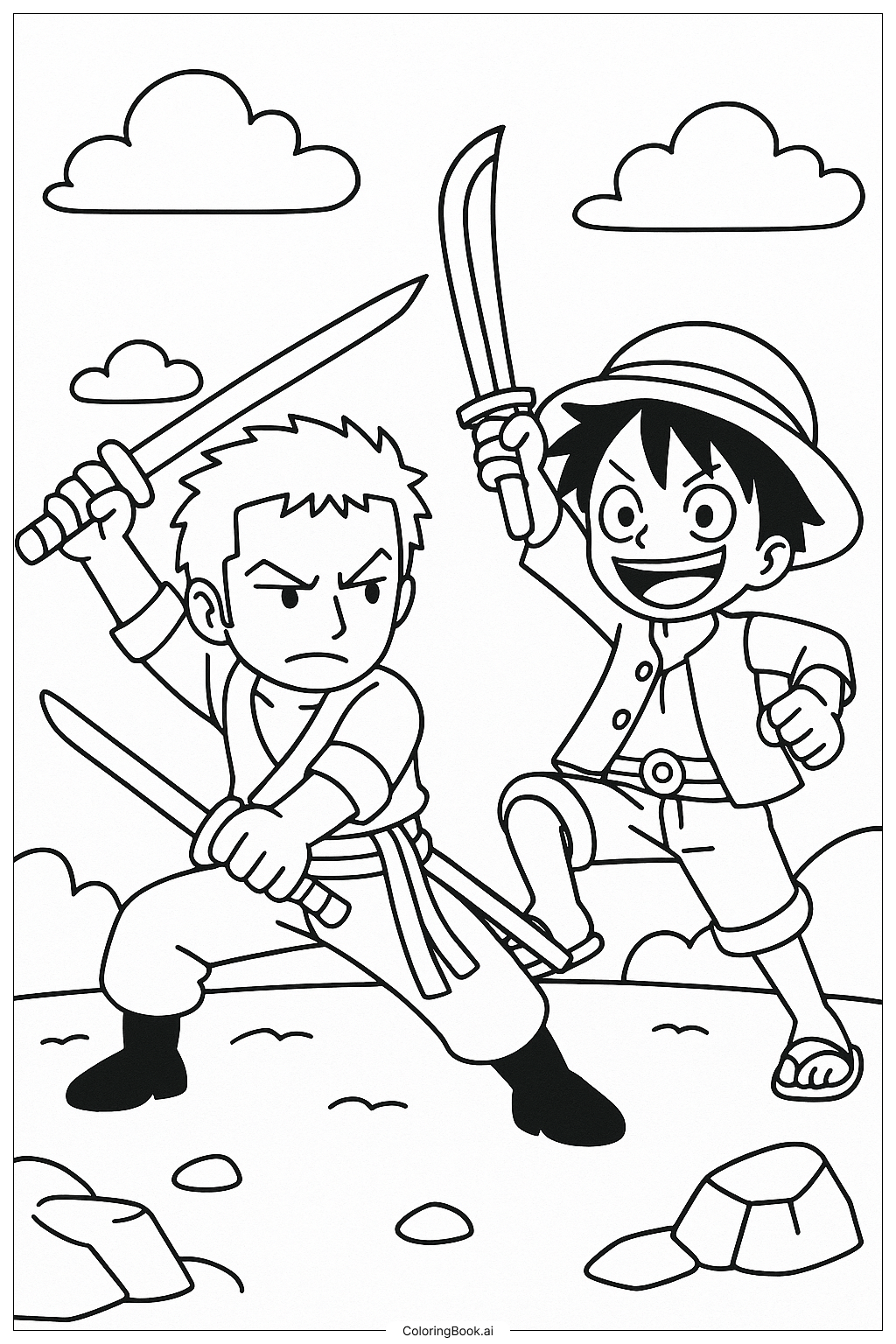  ゾロとルフィが一緒に戦うの塗り絵ページ 