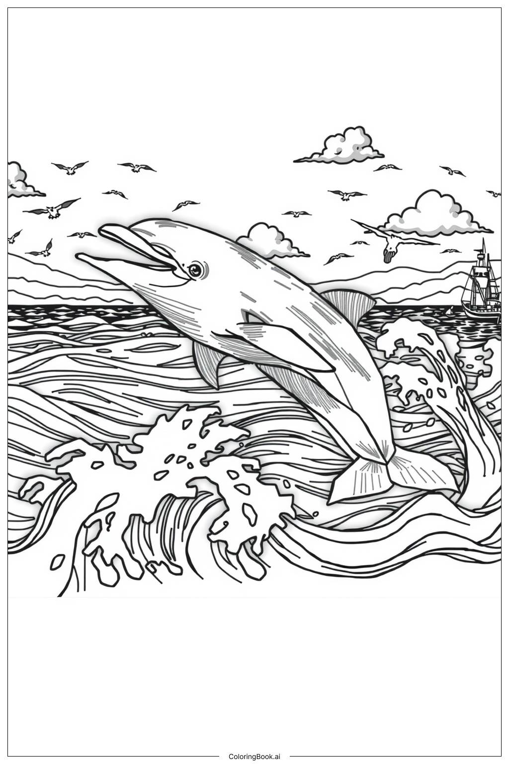  Page de coloriage Dauphin sautant par-dessus un bateau 