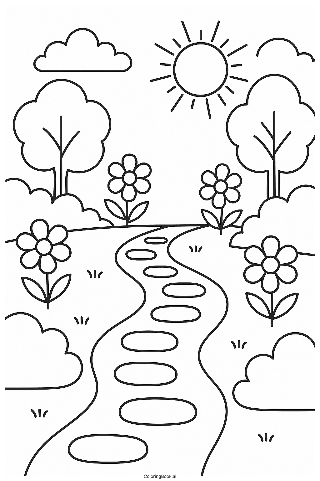  Página para colorir de Um Caminho Sinuoso por Um Jardim Verdejante 