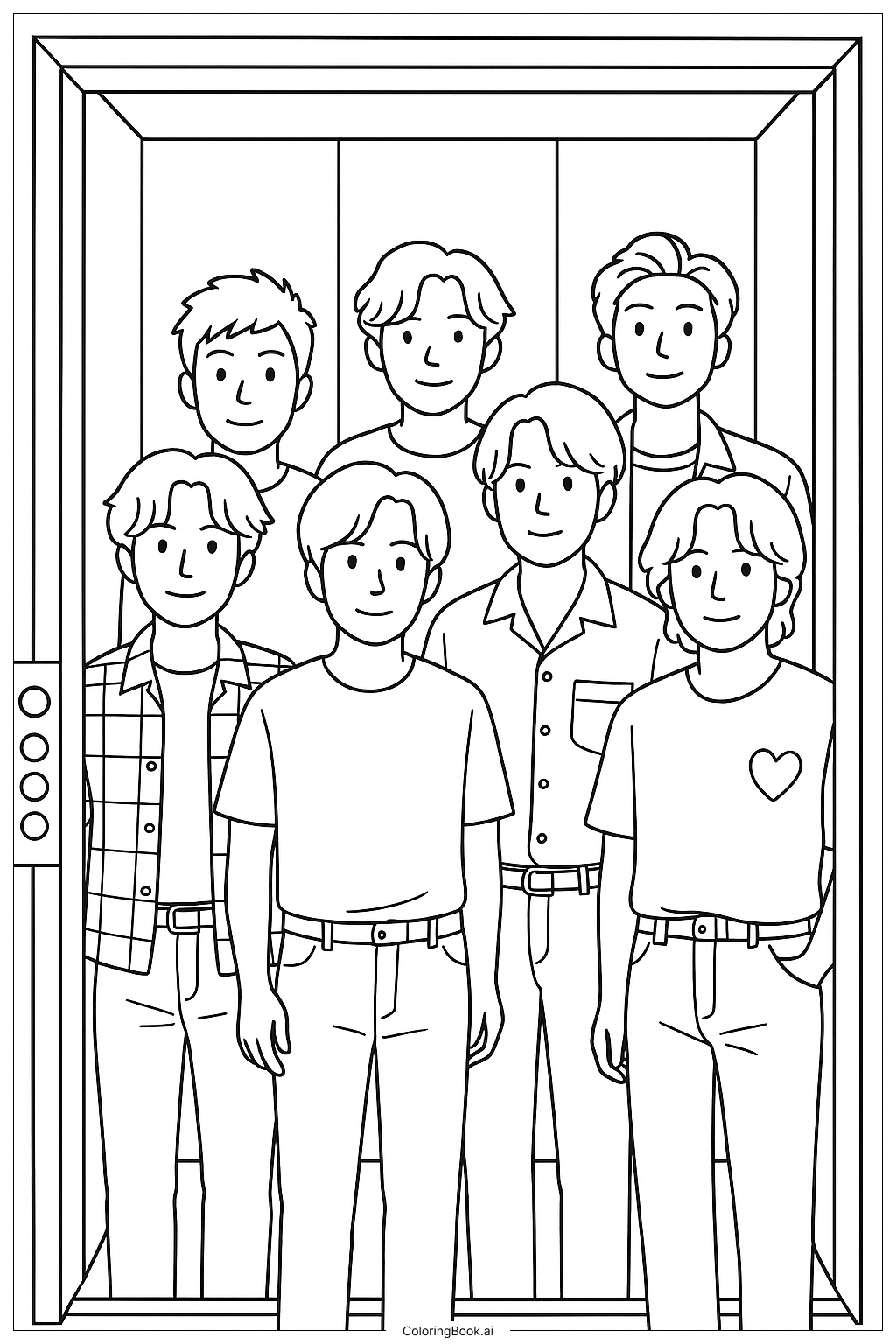  Page de coloriage BTS dans la scène de l'ascenseur "Butter" 