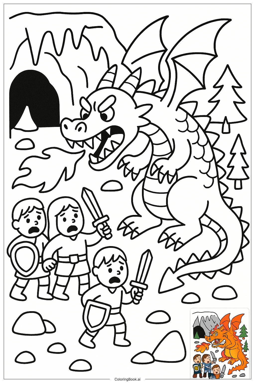  冒険者に吠えるドラゴンの塗り絵ページ 