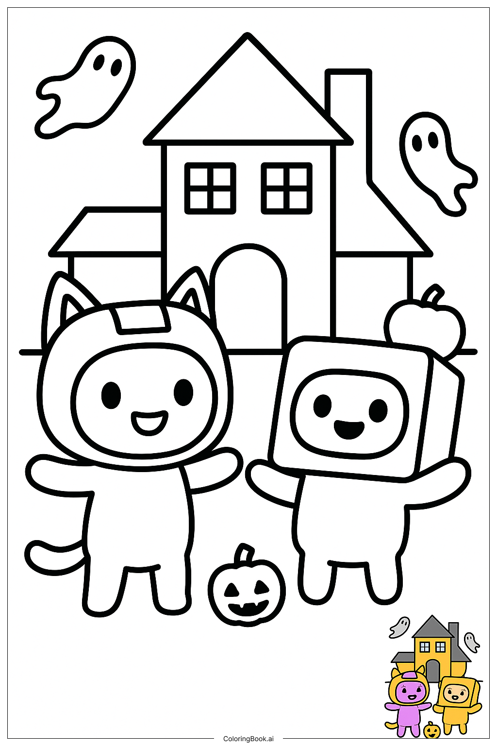 Lankybox Characters in Haunted Mansion Coloring Page 