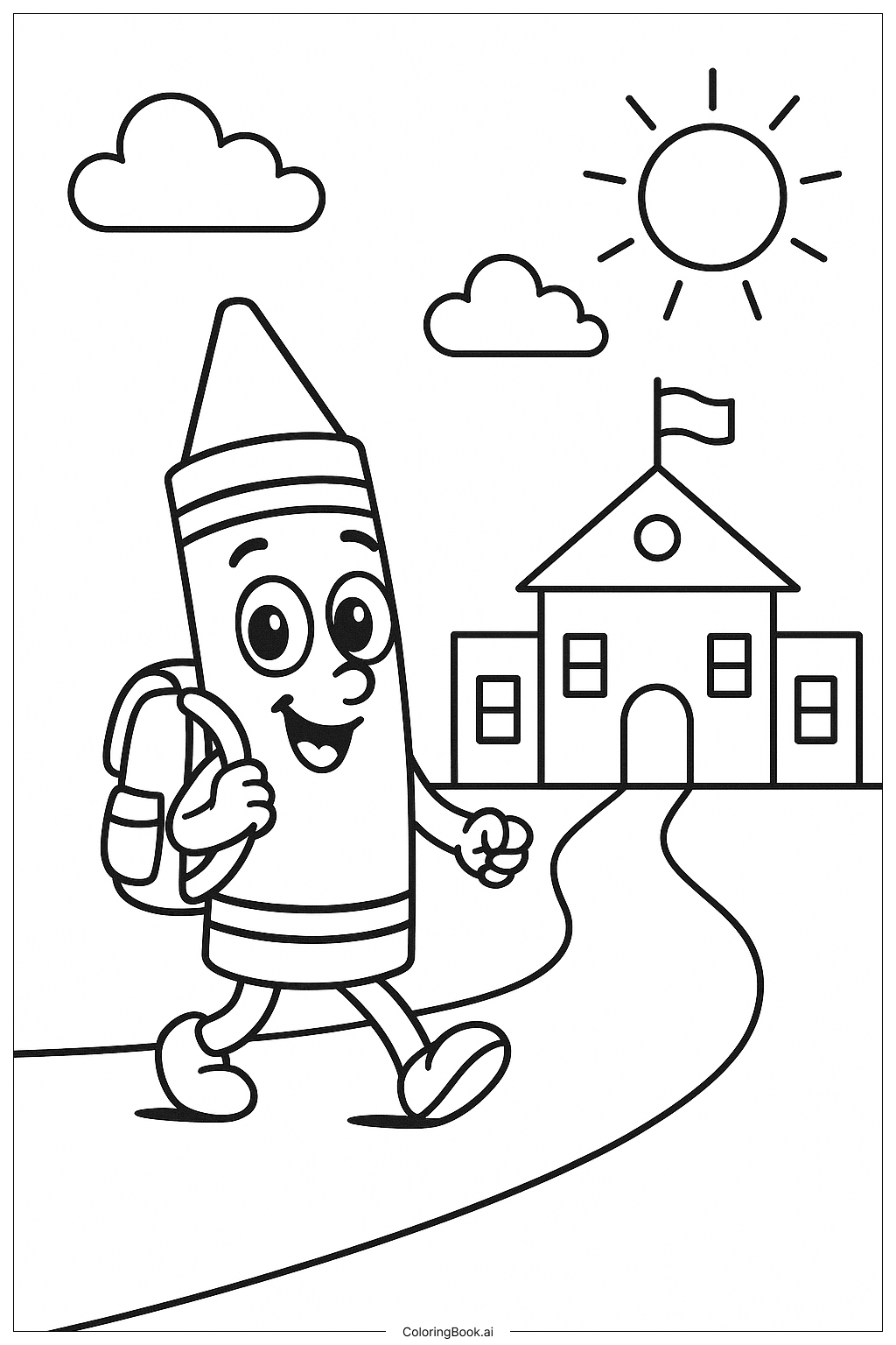  Página para colorir de A jornada de volta às aulas do giz de cera na pré-escola 