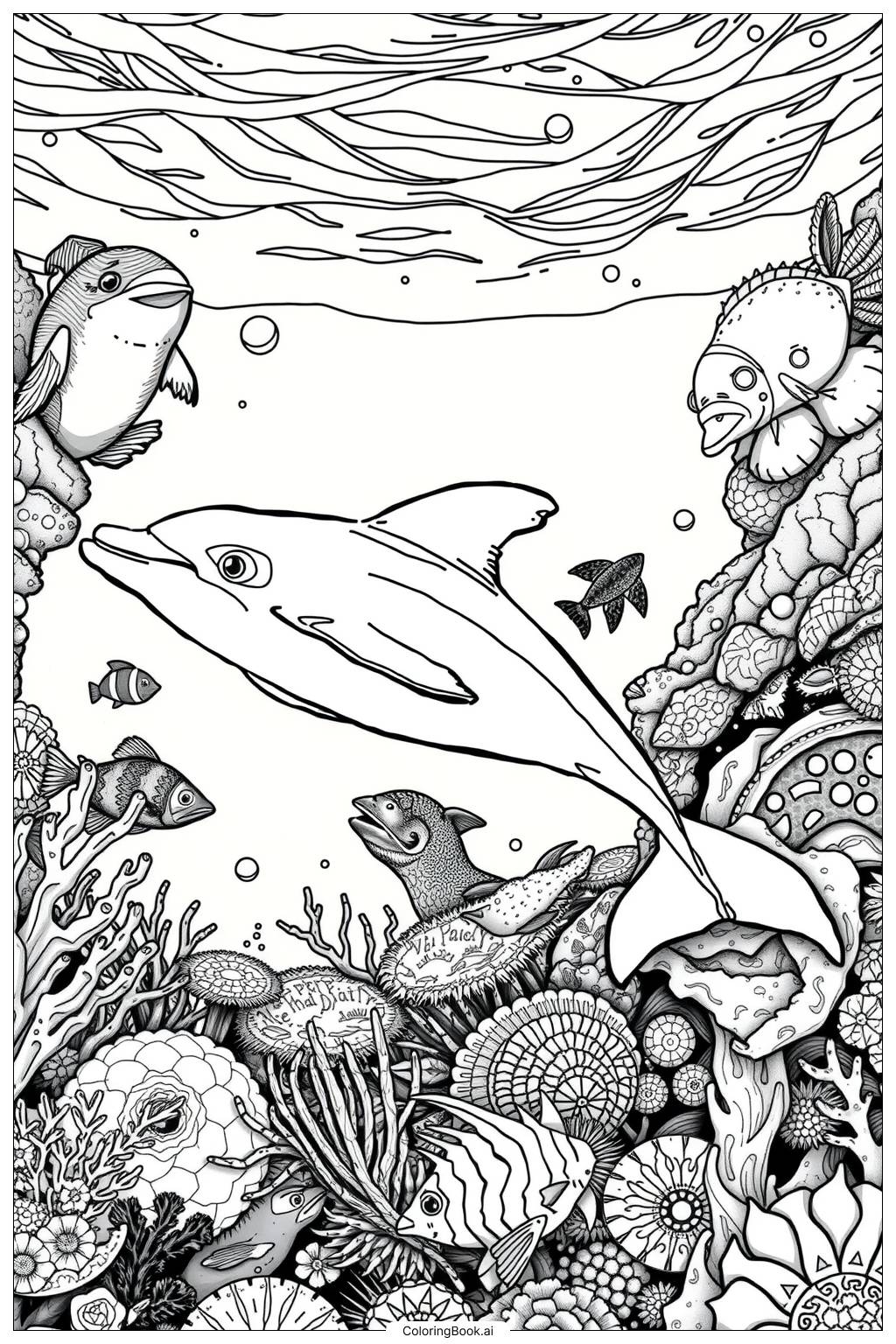  Page de coloriage Scène sous-marine avec dauphin 