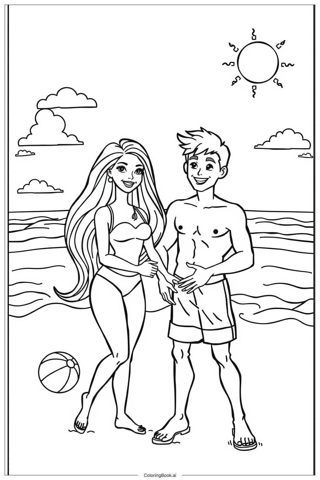  Página para colorear de barbie y ken en la playa 