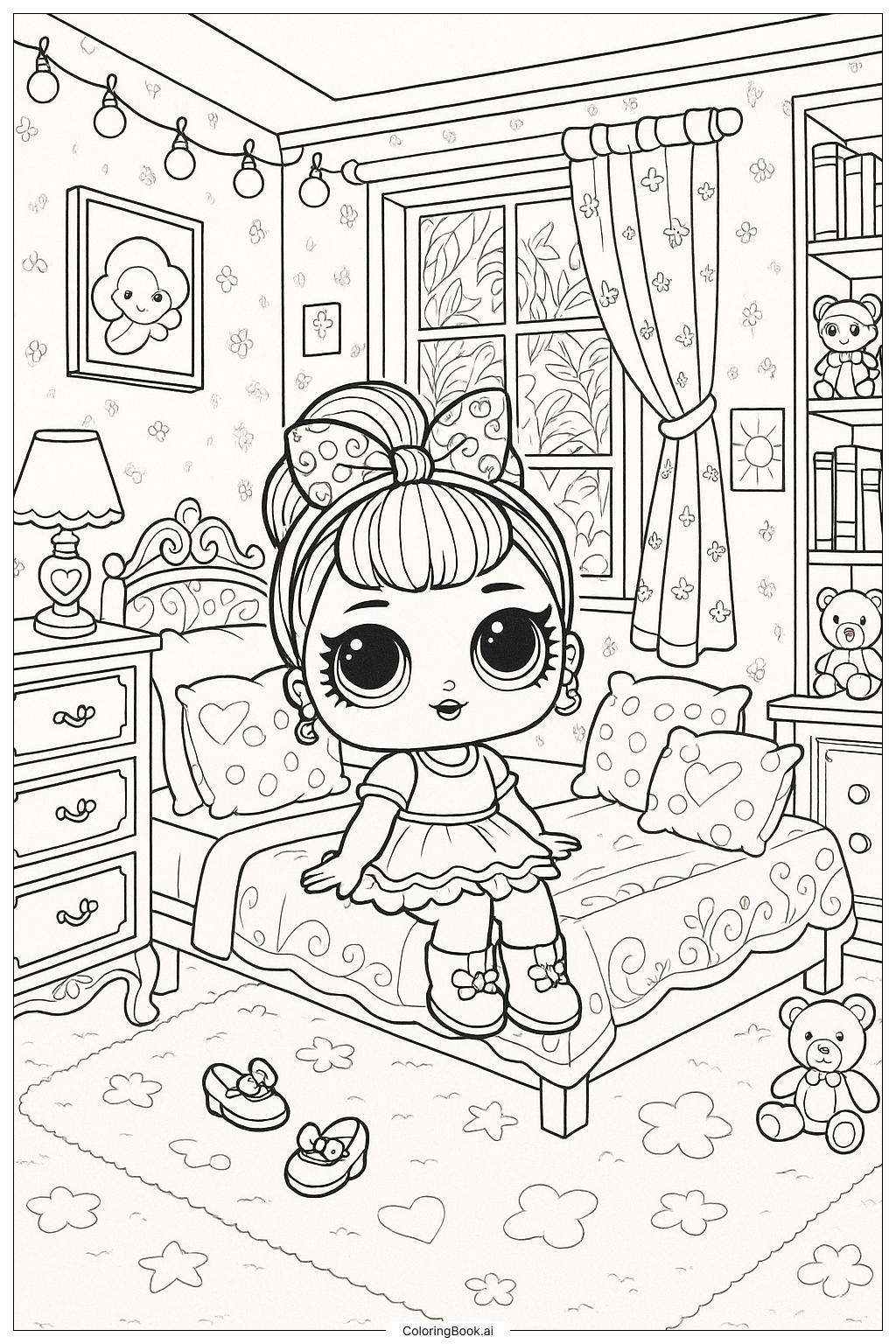 Página para colorir de Boneca Lol no seu Quarto Decorado