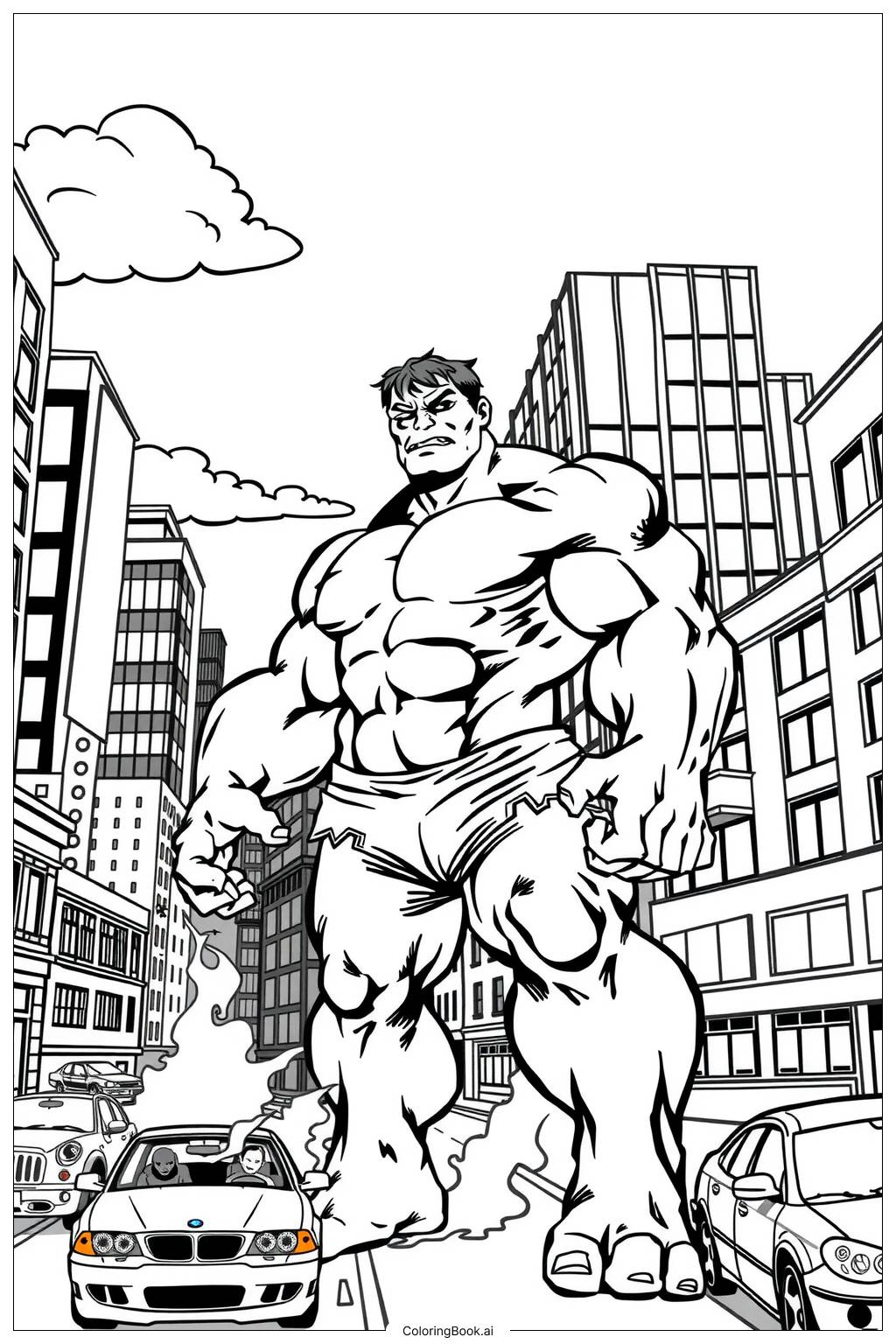  Página para colorir de Hulk Entre Nós em uma Paisagem Urbana-2 