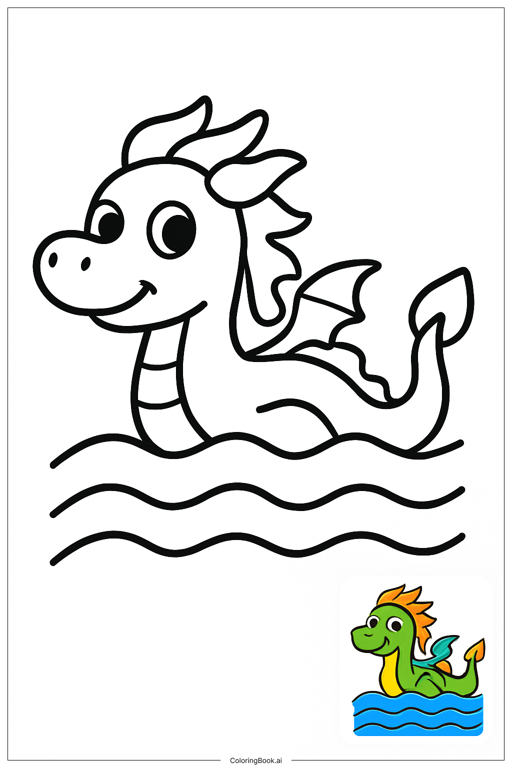  海の波で泳ぐドラゴンの塗り絵ページ 