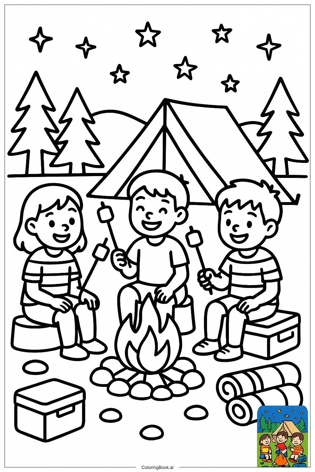  Friends Camping Under Starry Sky著色頁 