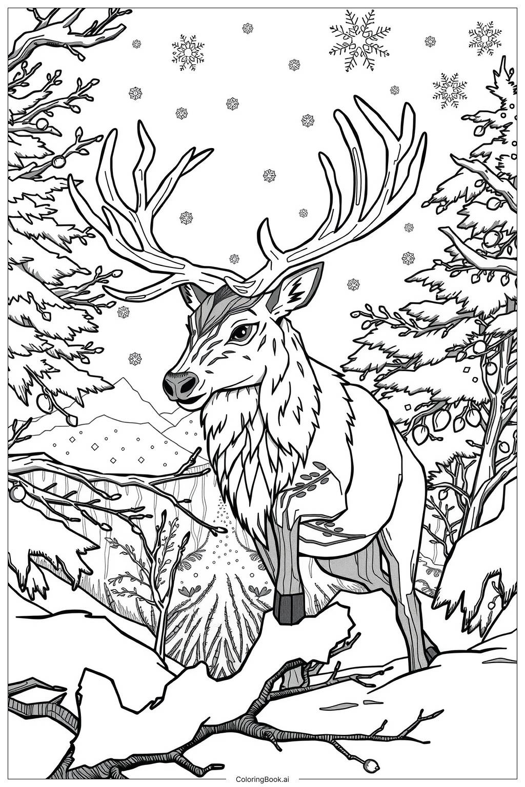  Page de coloriage renne dans la forêt d'hiver 