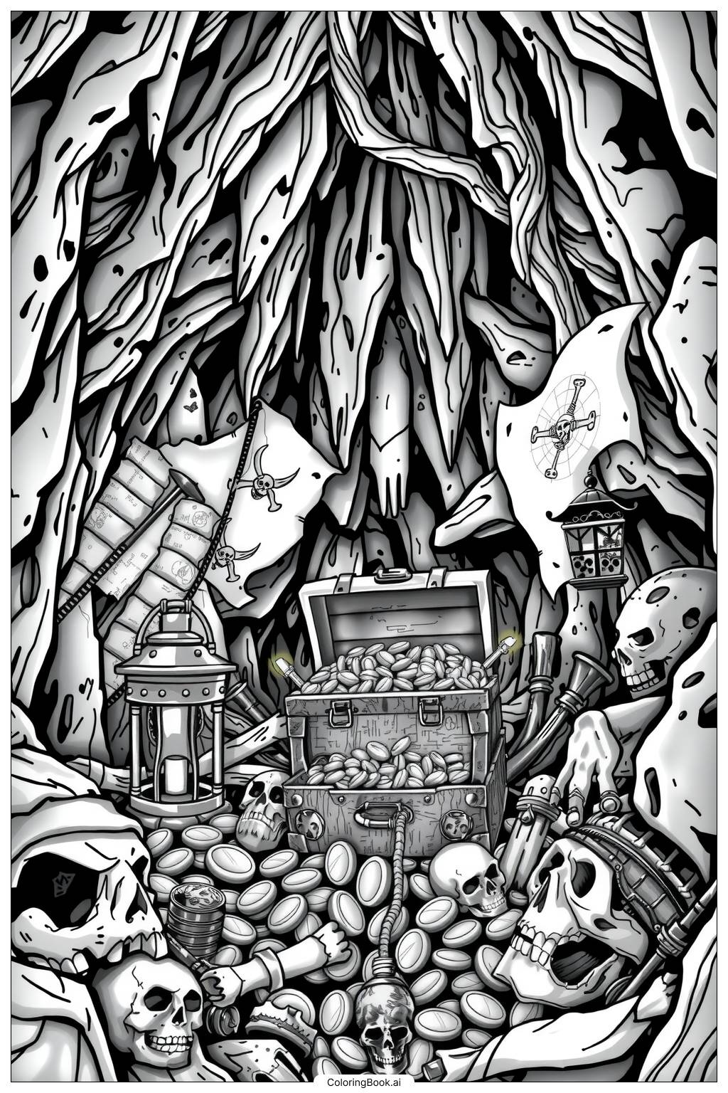  Pirate Hideout with Caves and Jewels Coloring Page 