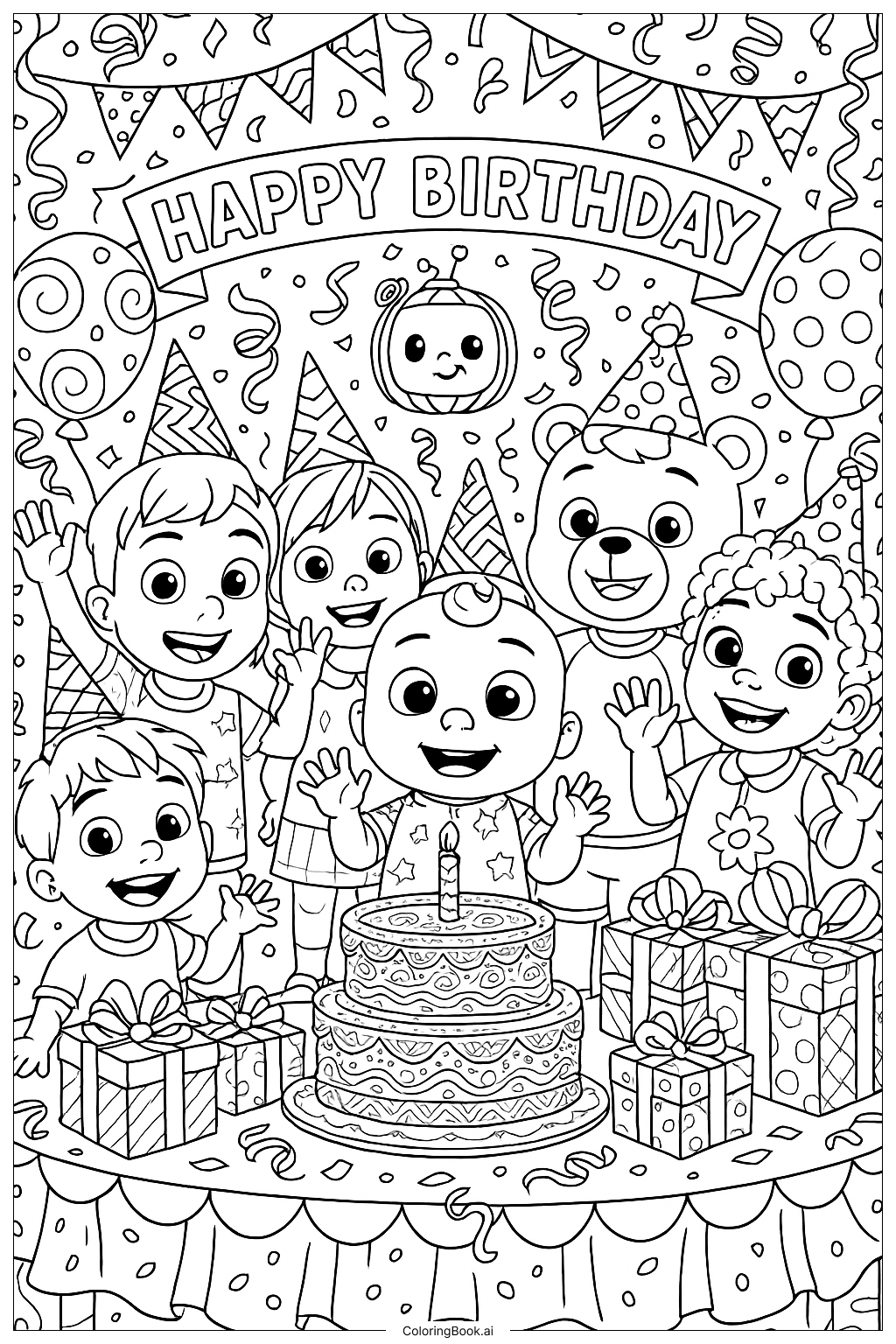  Cocomelon生日派对庆祝填色页 