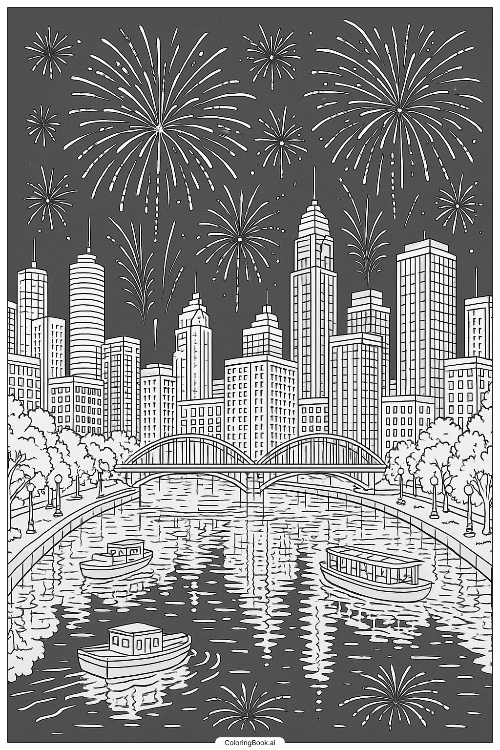 Fireworks Reflecting On A City River Coloring Page
