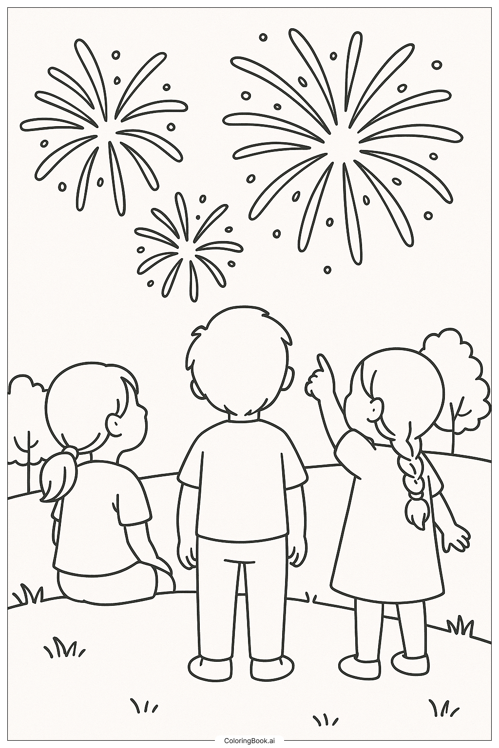Kids Enjoying The Firework Show Coloring Page