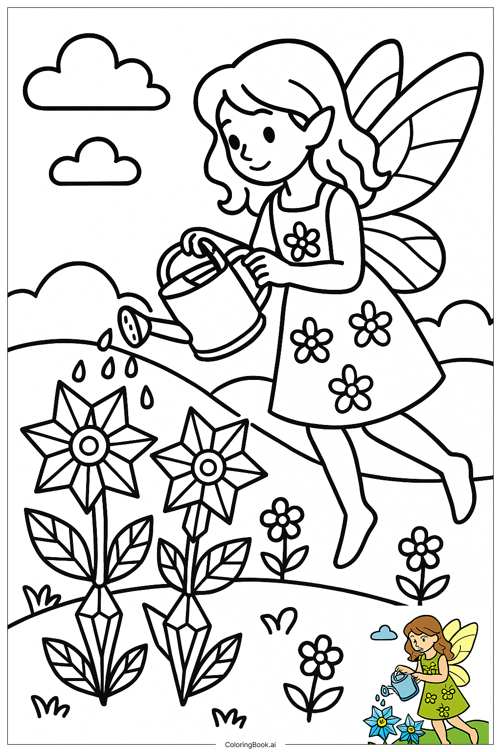  花仙子浇灌水晶花朵填色页 