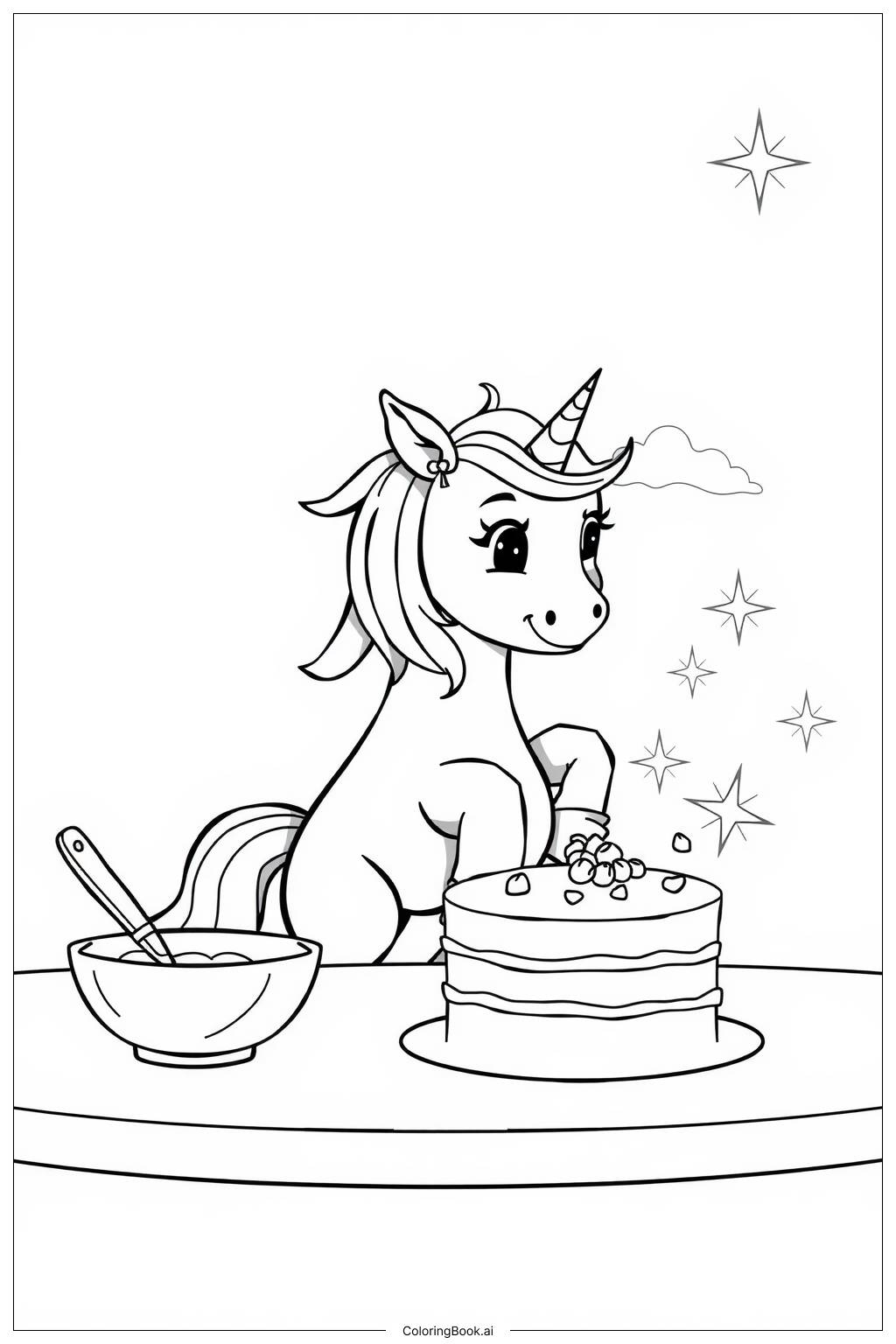  Page de coloriage licorne cuisinant un gâteau arc-en-ciel magique 