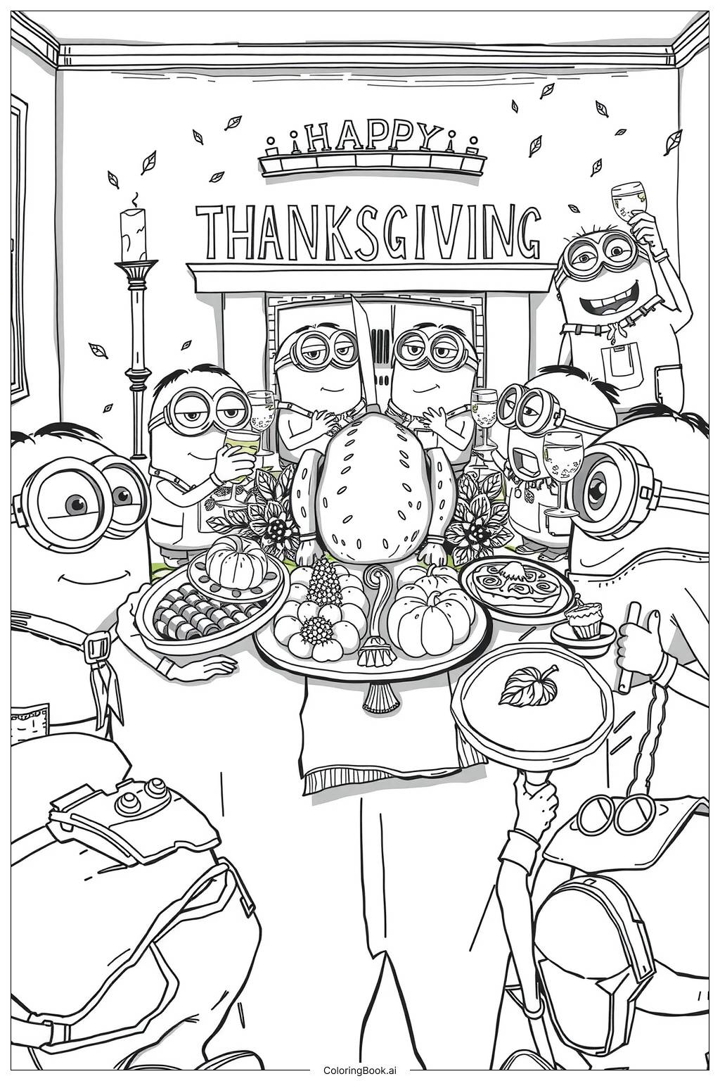  minions celebrating thanksgiving with a feast Coloring Page 