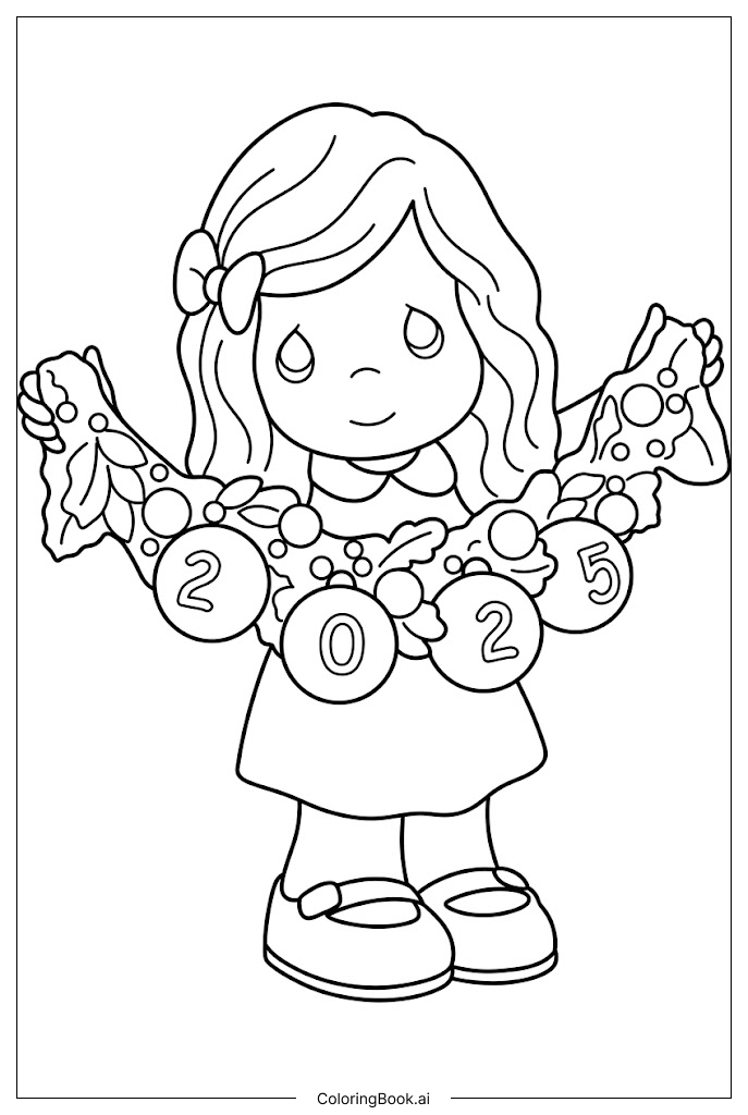  Página para colorear de Niña de Precious Moments celebra un alegre Año Nuevo 
