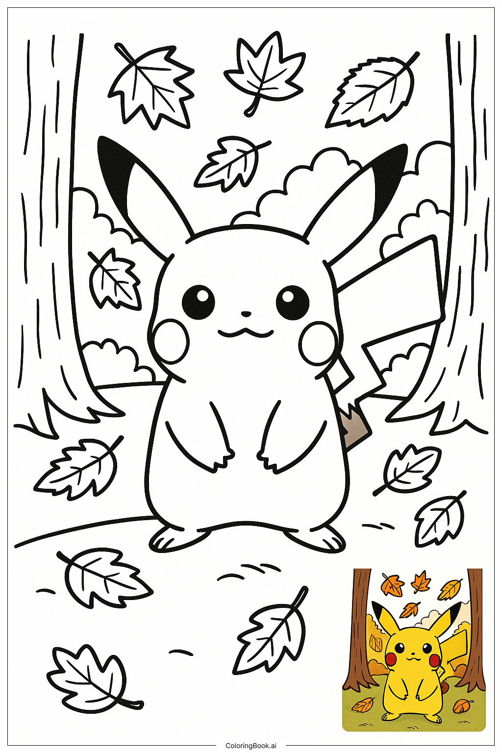  Trang tô màu Pikachu bao quanh bởi những chiếc lá thu 
