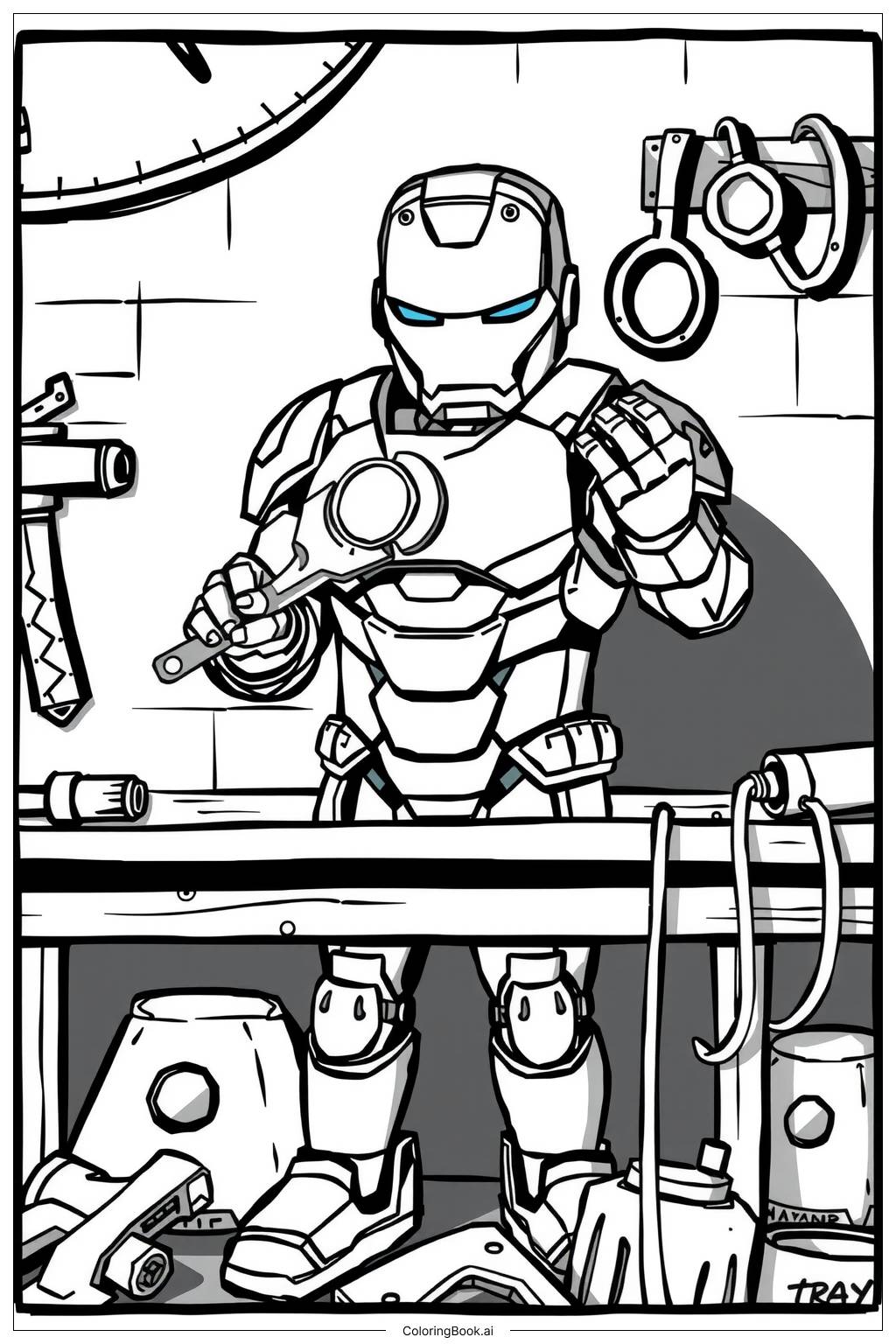  Página para colorear de Iron Man en su laboratorio trabajando 