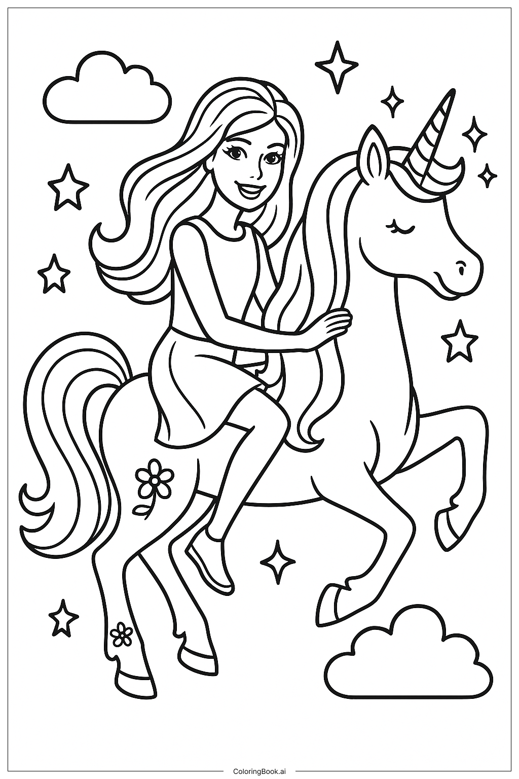 Página para colorir de Barbie Montando Um Unicórnio 