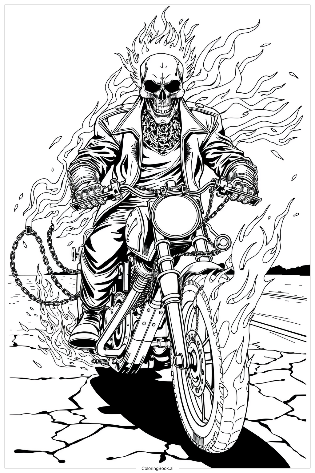 炎のバイクに乗ったゴーストライダー 塗り絵ページ（無料の