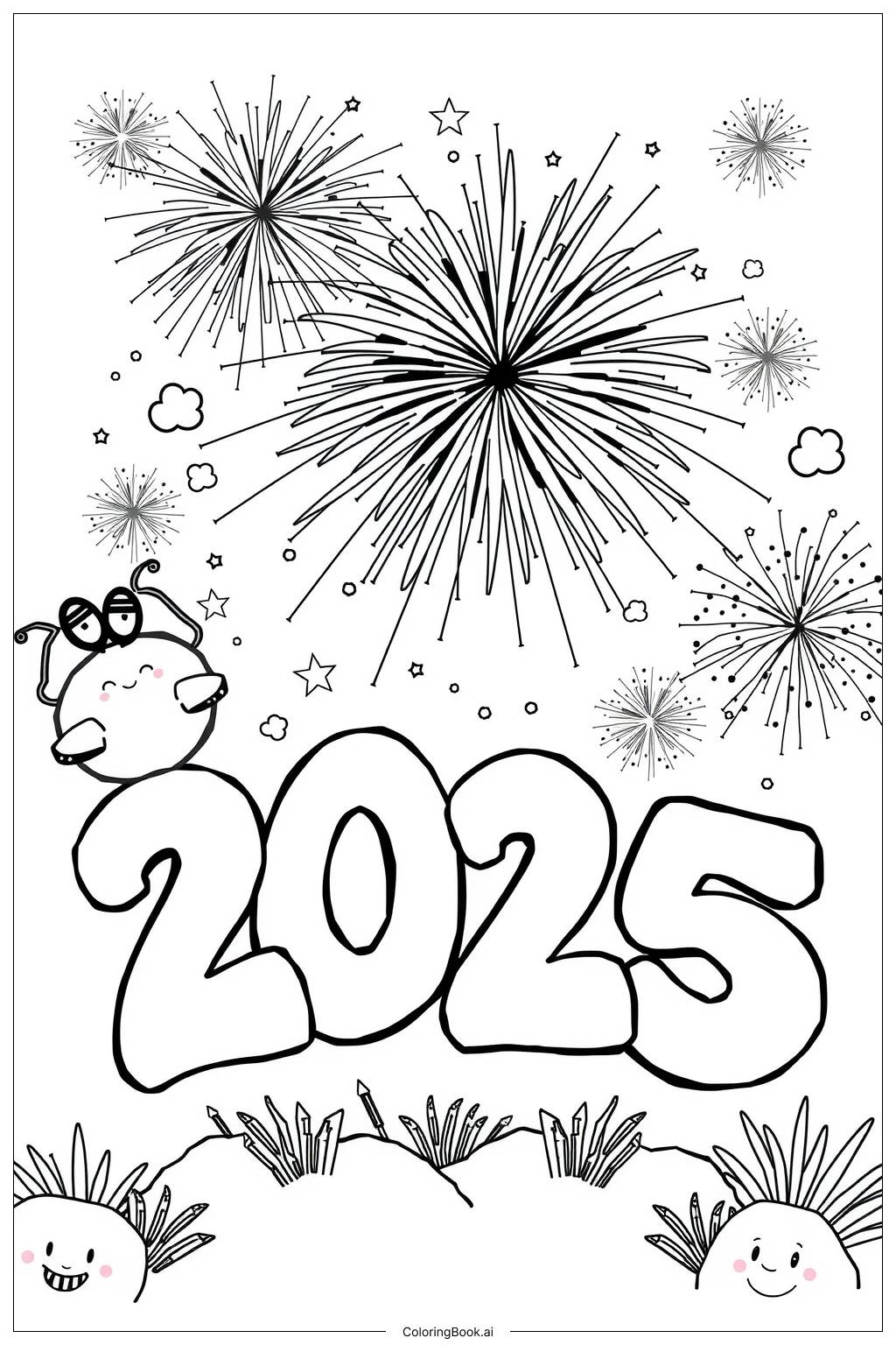  Fireworks with 2025 Bubble Words Coloring Page 