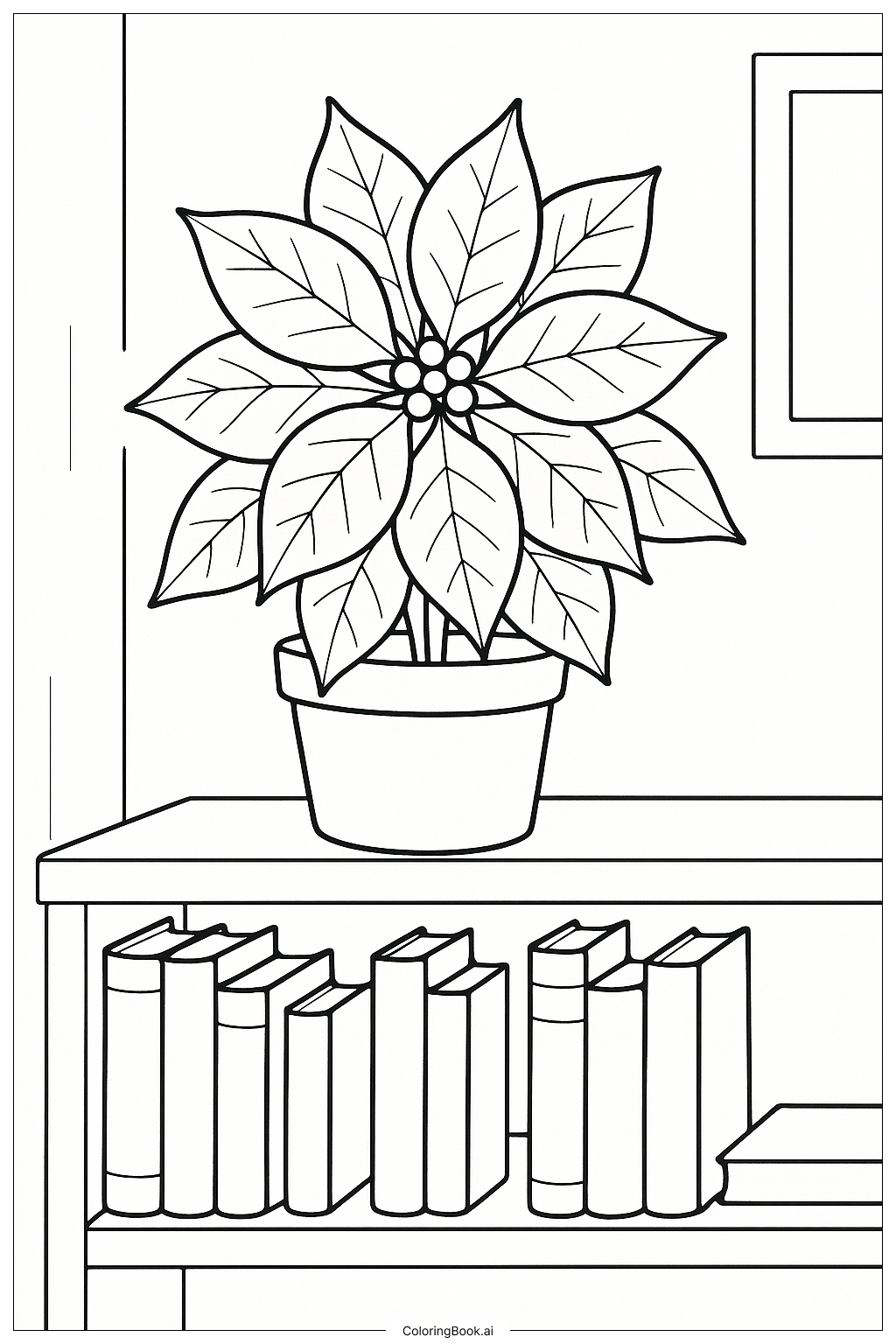Poinsettia Sitting On A Bookshelf Coloring Page