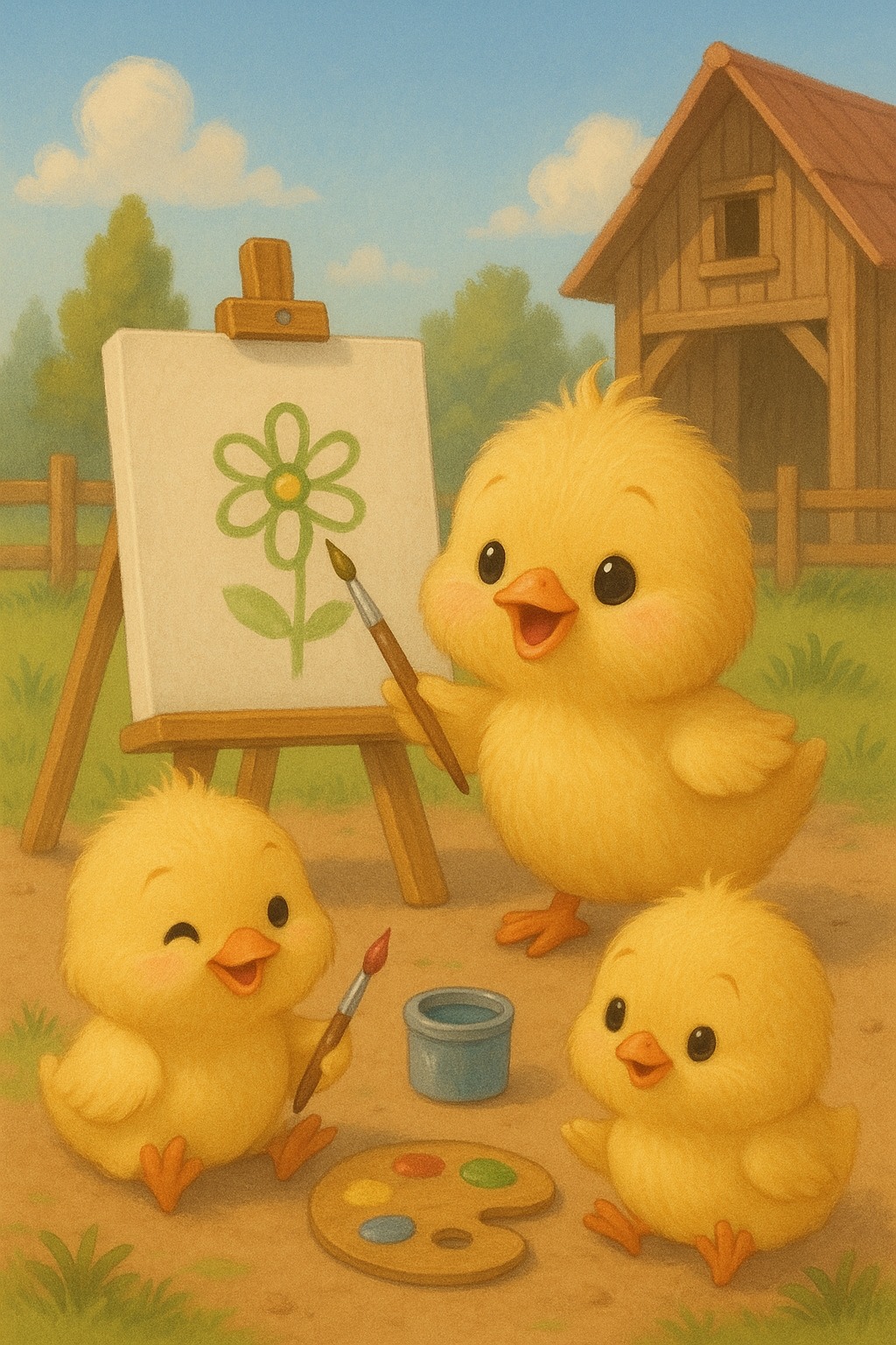 Encantadores Pajaritos Bebés Pintando una Flor en una Escena de Granja Soleada