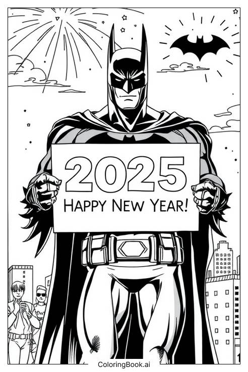  Página para colorir de Batman 2025 feliz ano novo 