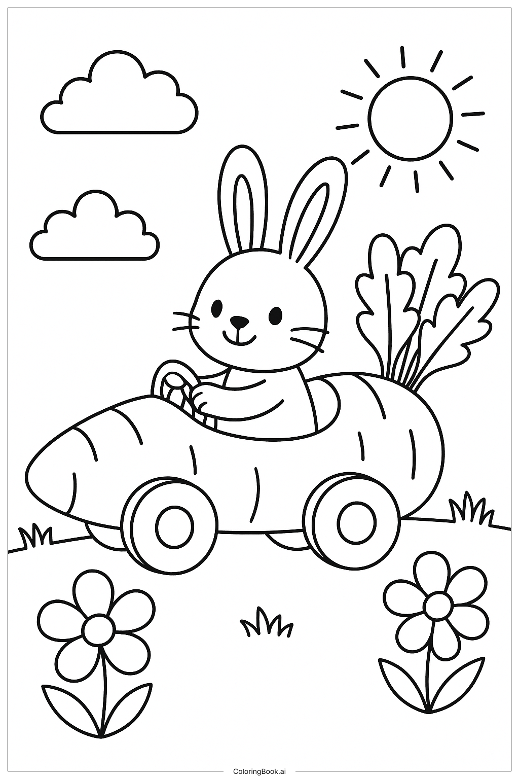 Easter Bunny Driving A Carrot Car Coloring Page