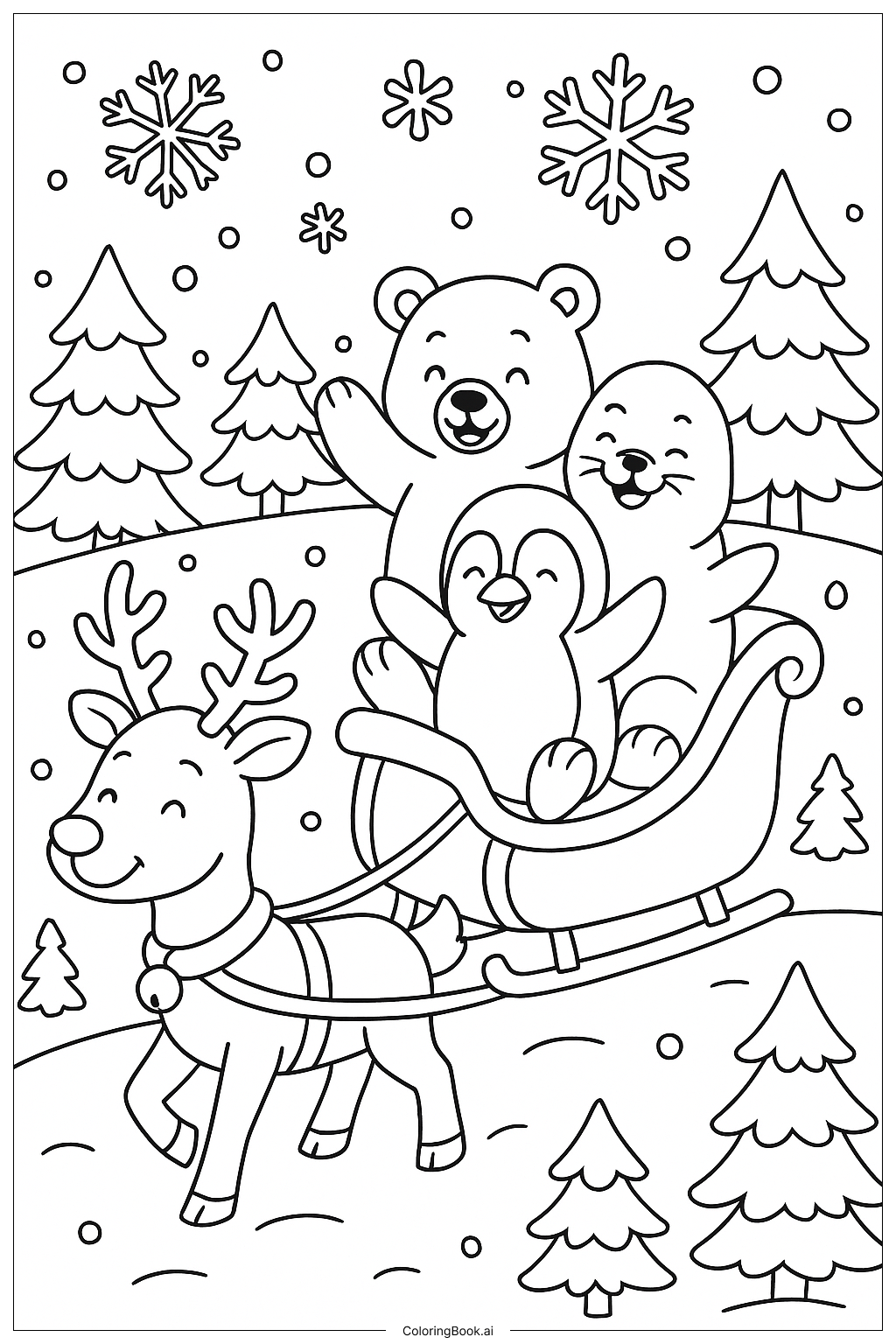 一隻馴鹿拉著極地動物雪橇著色頁