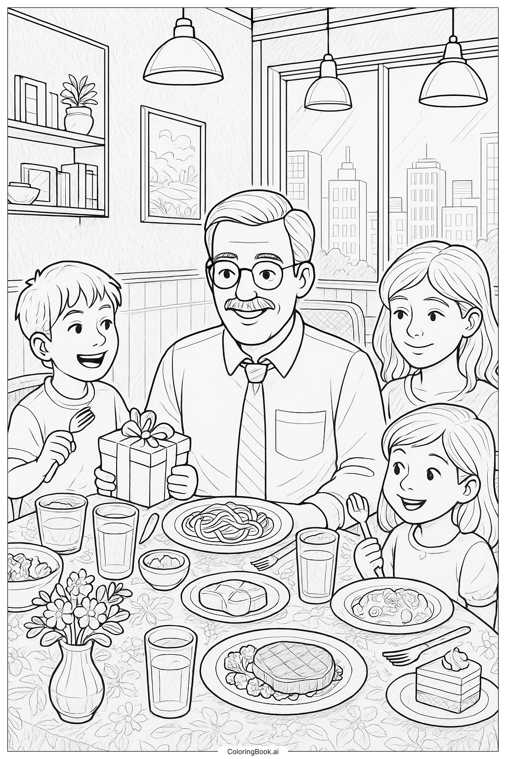 A Fathers Day Dinner At A Restaurant Coloring Page