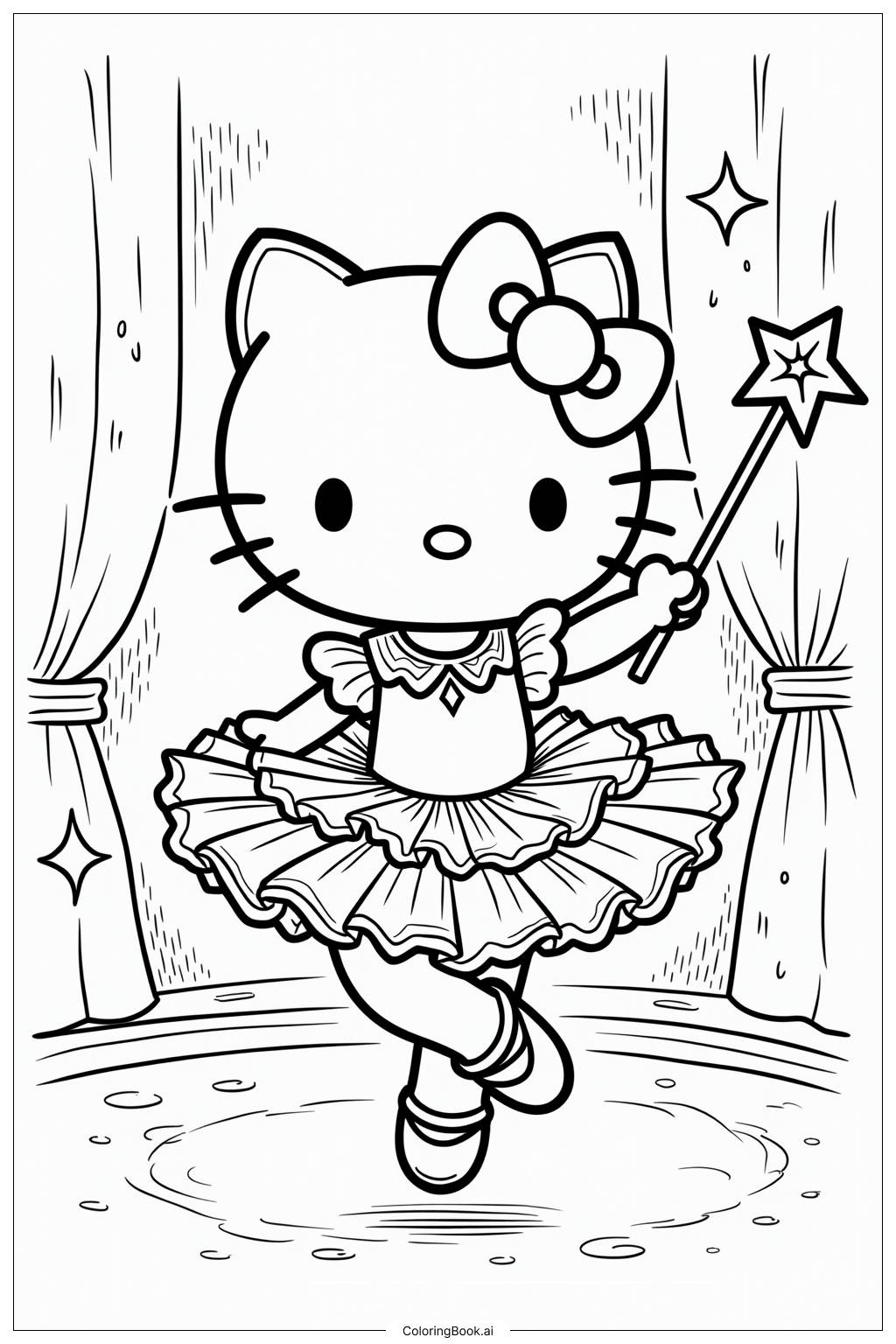  Página para colorear de Bailarina Hello Kitty con una Varita Mágica 