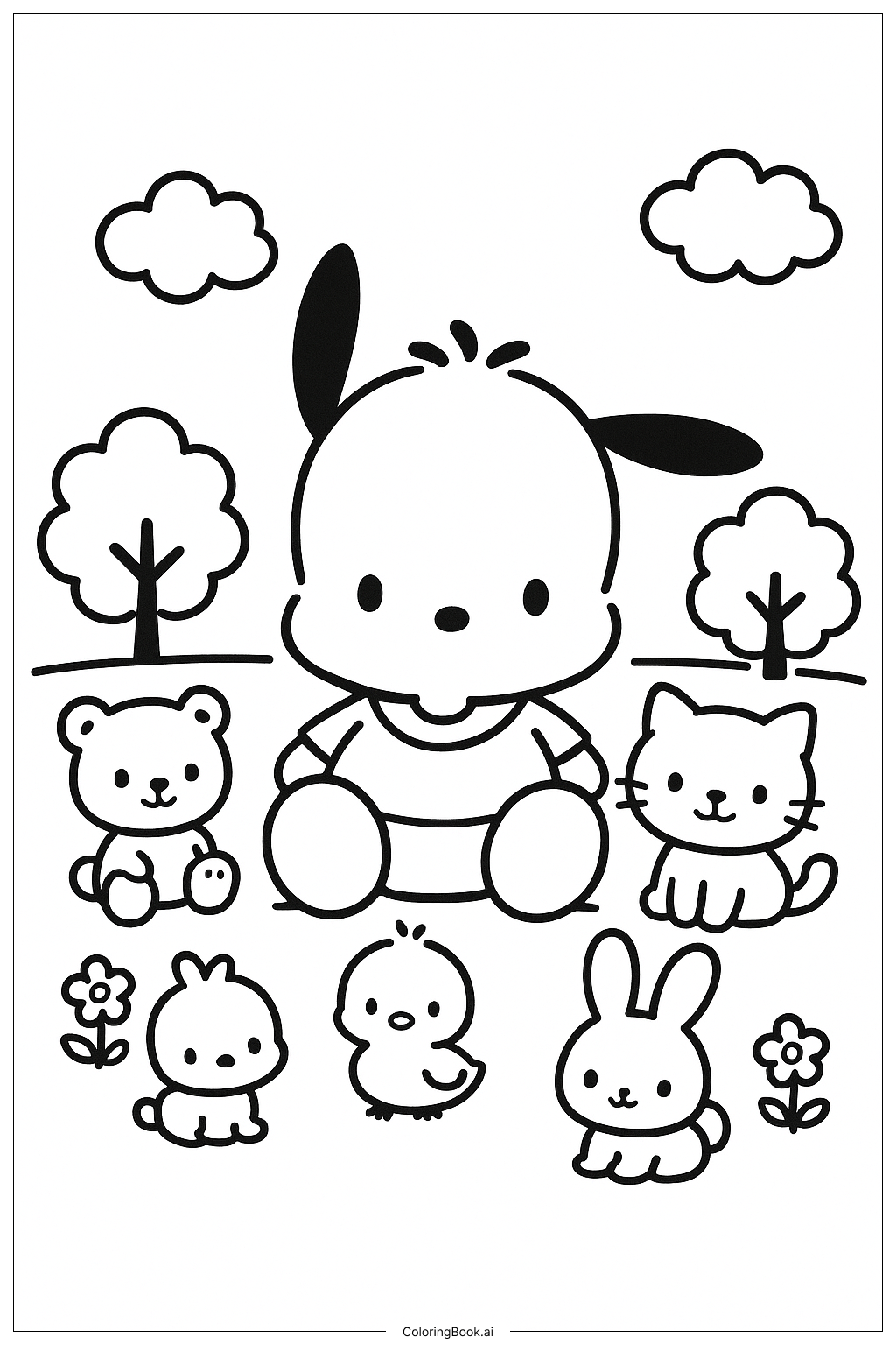 Pochacco 與朋友們的聚會著色頁