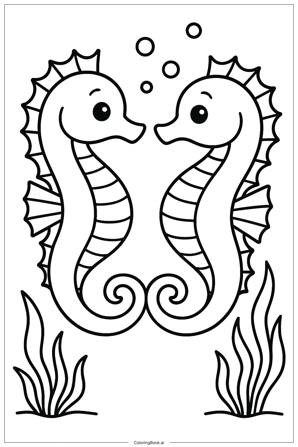 Página para colorear de Dos caballitos de mar formando un corazón