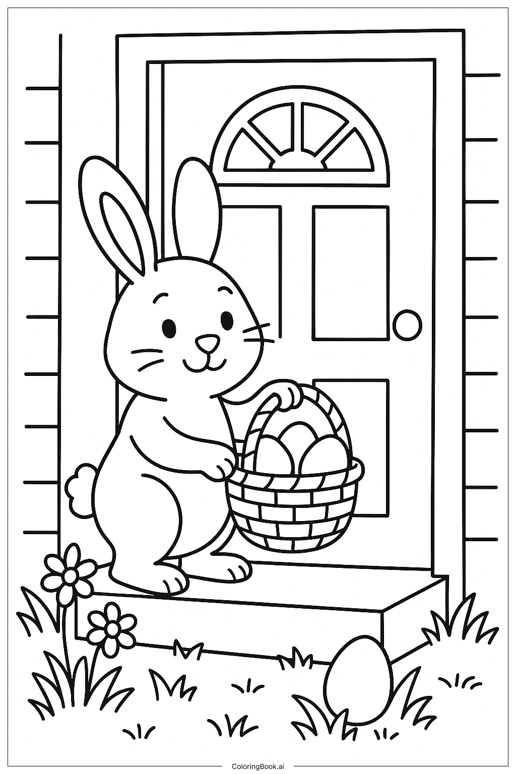 Easter Bunny Delivering A Basket To A Door Coloring Page